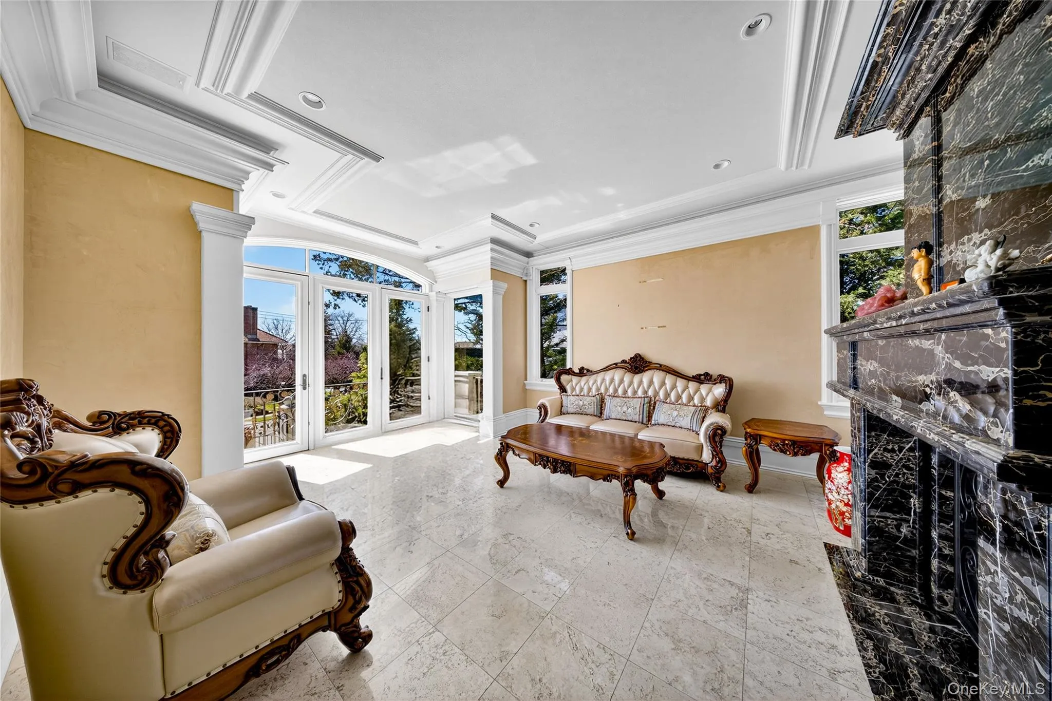 Living area with ornamental molding, a fireplace, and healthy amount of natural light Living area with ornamental molding, a fireplace, and healthy amount of natural light