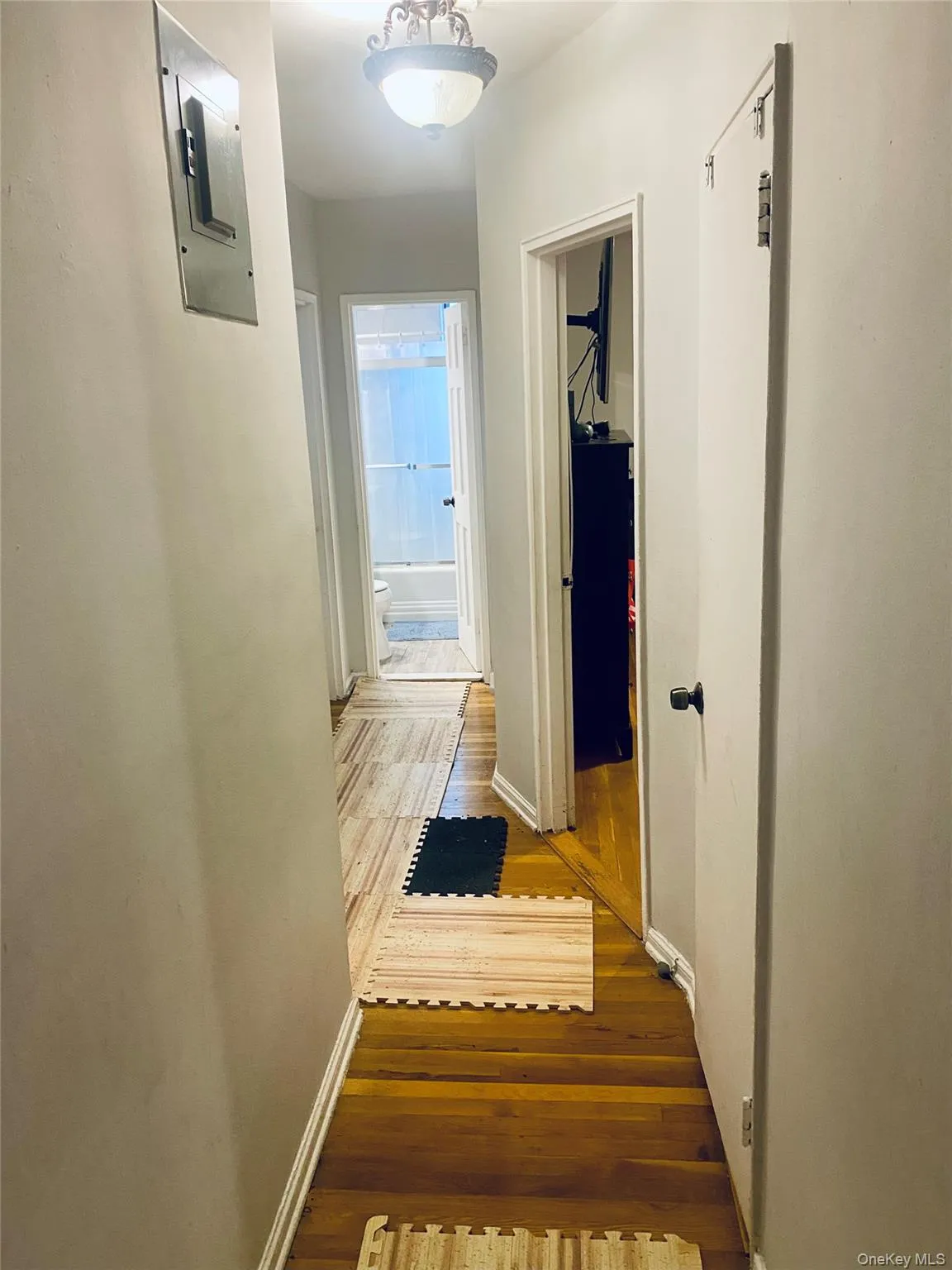 Hallway with wood-finish flooring, white painted walls, and a ceiling-mounted light fixture Hallway with wood-finish flooring, white painted walls, and a ceiling-mounted light fixture
