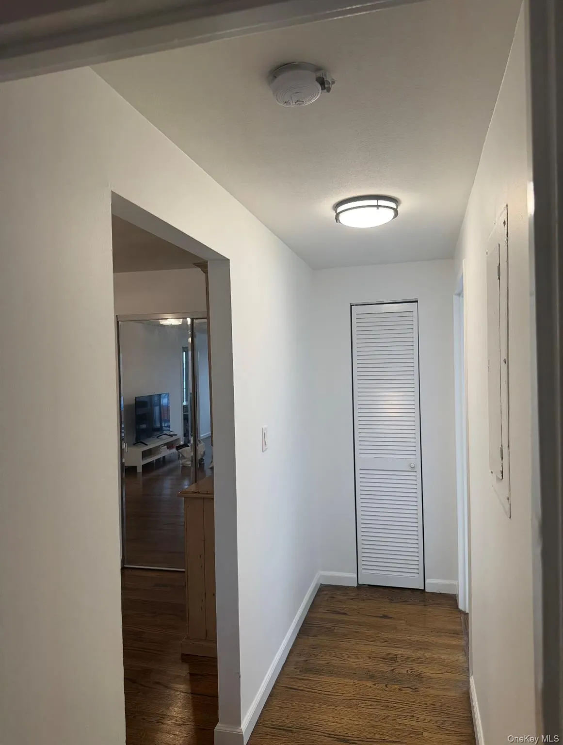 Hallway featuring dark wood-style floors and electric panel Hallway featuring dark wood-style floors and electric panel
