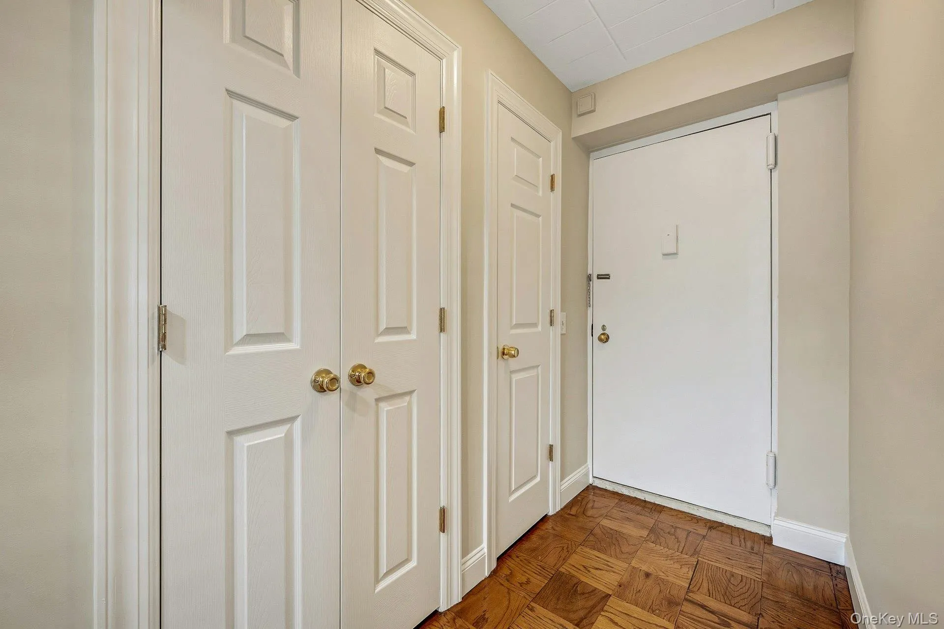 Entryway featuring panel doors with brass knobs and parquet flooring Entryway featuring panel doors with brass knobs and parquet flooring