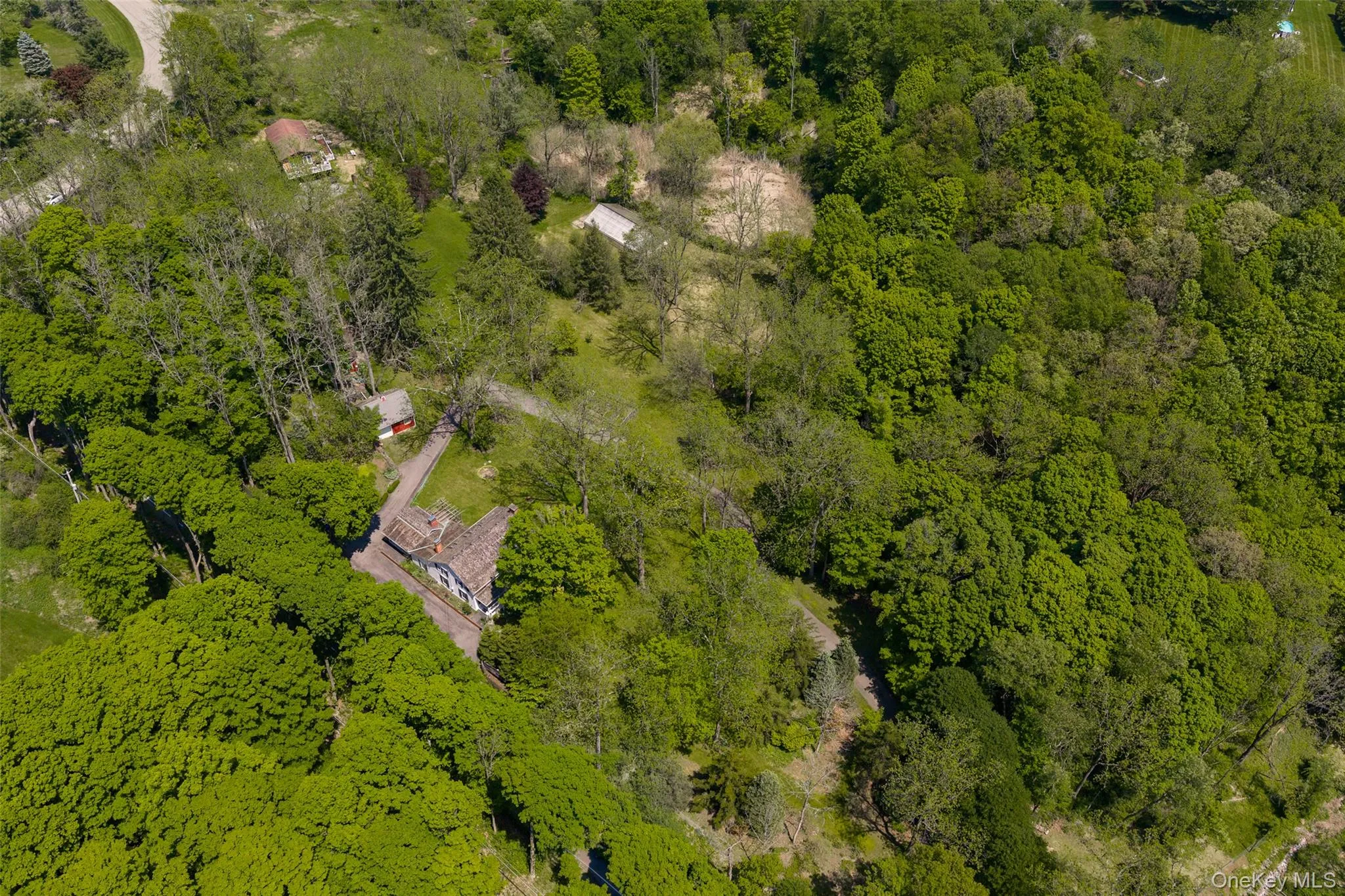 Expansive wooded property featuring multiple structures and a winding driveway Expansive wooded property featuring multiple structures and a winding driveway
