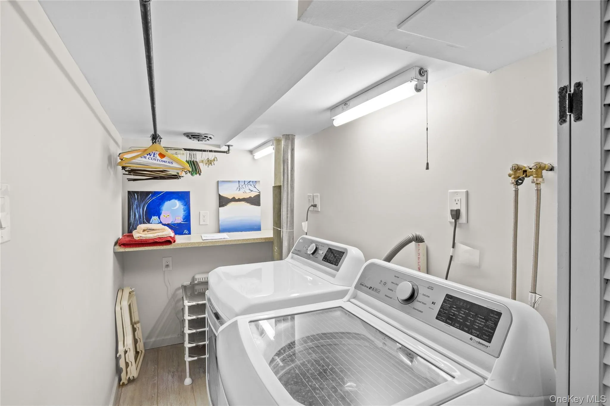 Dedicated laundry area featuring a washer and dryer, convenient shelving, and a hanging rack Dedicated laundry area featuring a washer and dryer, convenient shelving, and a hanging rack