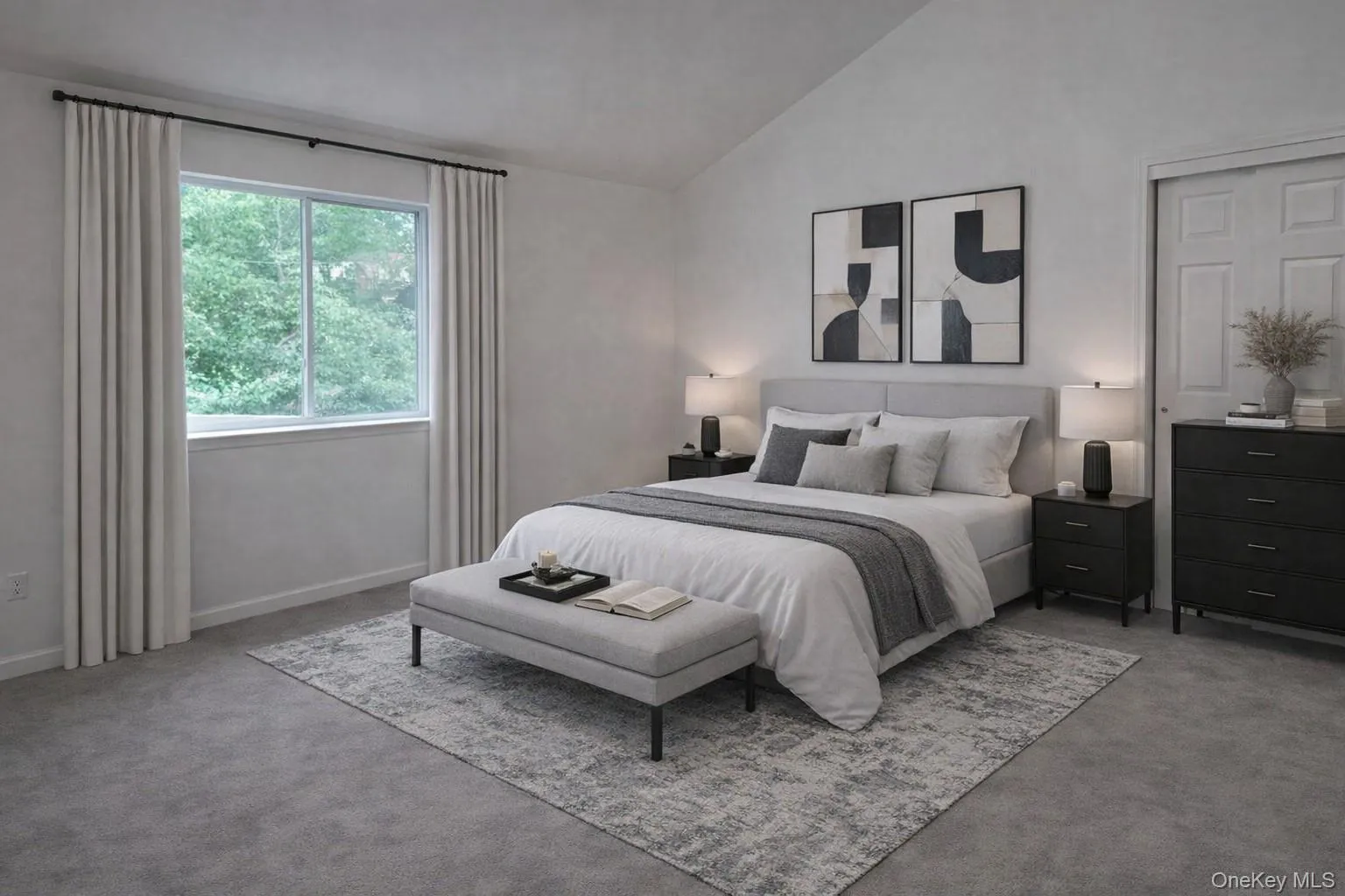 The primary bedroom suite features vaulted ceilings, a full wall of closet spave and private shower stall bathroom (Virtually staged) The primary bedroom suite features vaulted ceilings, a full wall of closet spave and private shower stall bathroom (Virtually staged)