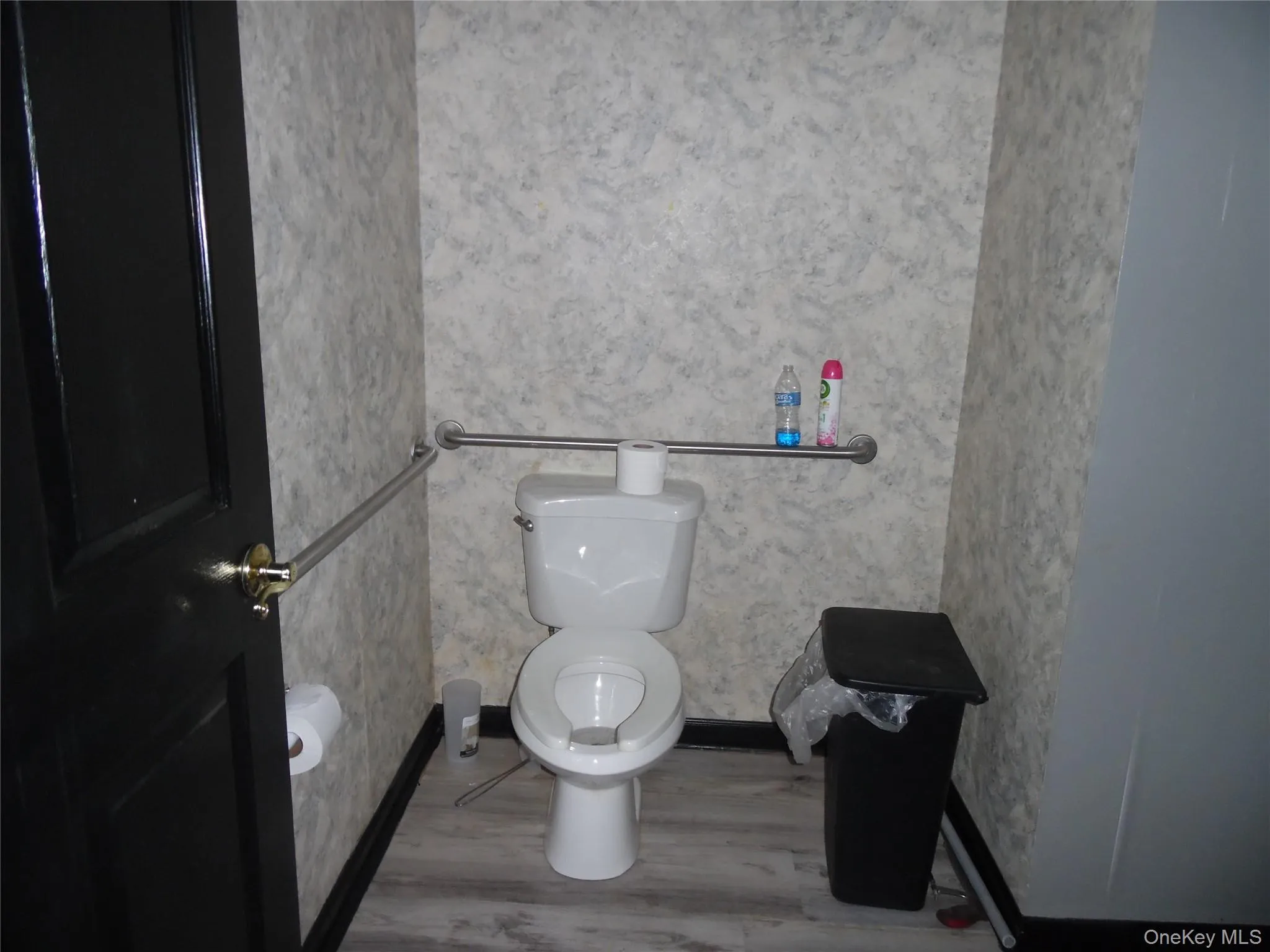 Bathroom features a white toilet, light-colored flooring, and wall-mounted grab bars Bathroom features a white toilet, light-colored flooring, and wall-mounted grab bars