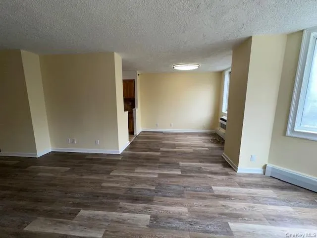 Spare room with dark wood-type flooring, a textured ceiling, and baseboards Spare room with dark wood-type flooring, a textured ceiling, and baseboards