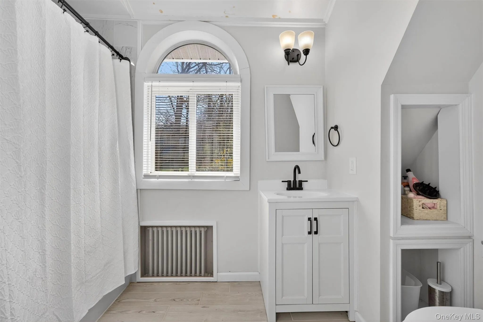 Upstairs bathroom with skylight, arched window Upstairs bathroom with skylight, arched window