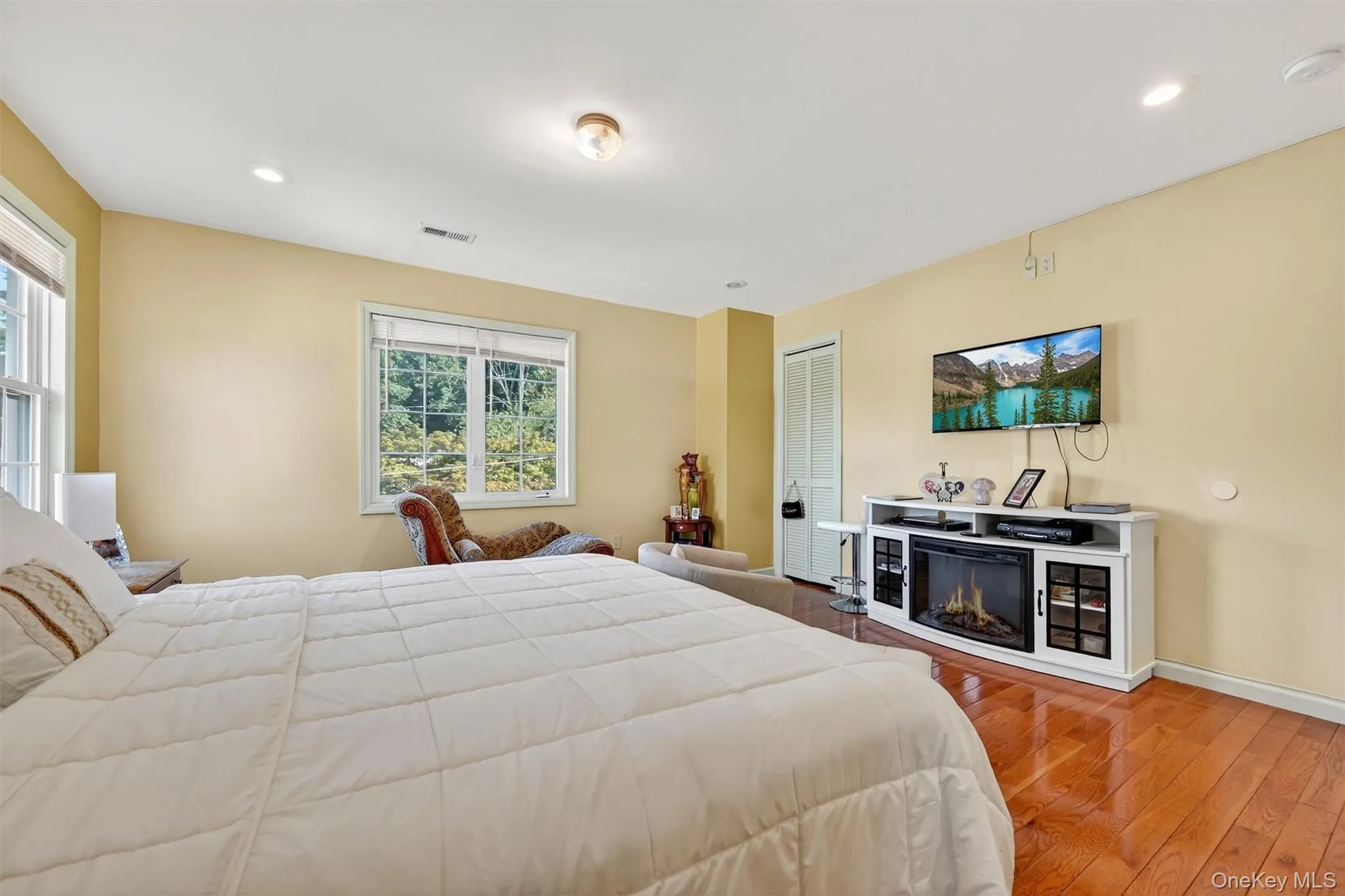 Bedroom with dark wood-type flooring, recessed lighting, a closet, and a glass covered fireplace Bedroom with dark wood-type flooring, recessed lighting, a closet, and a glass covered fireplace