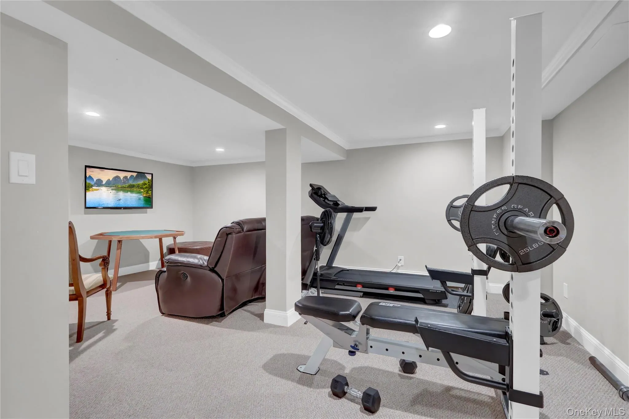 Finished lower level featuring recessed lighting and carpeted flooring Finished lower level featuring recessed lighting and carpeted flooring