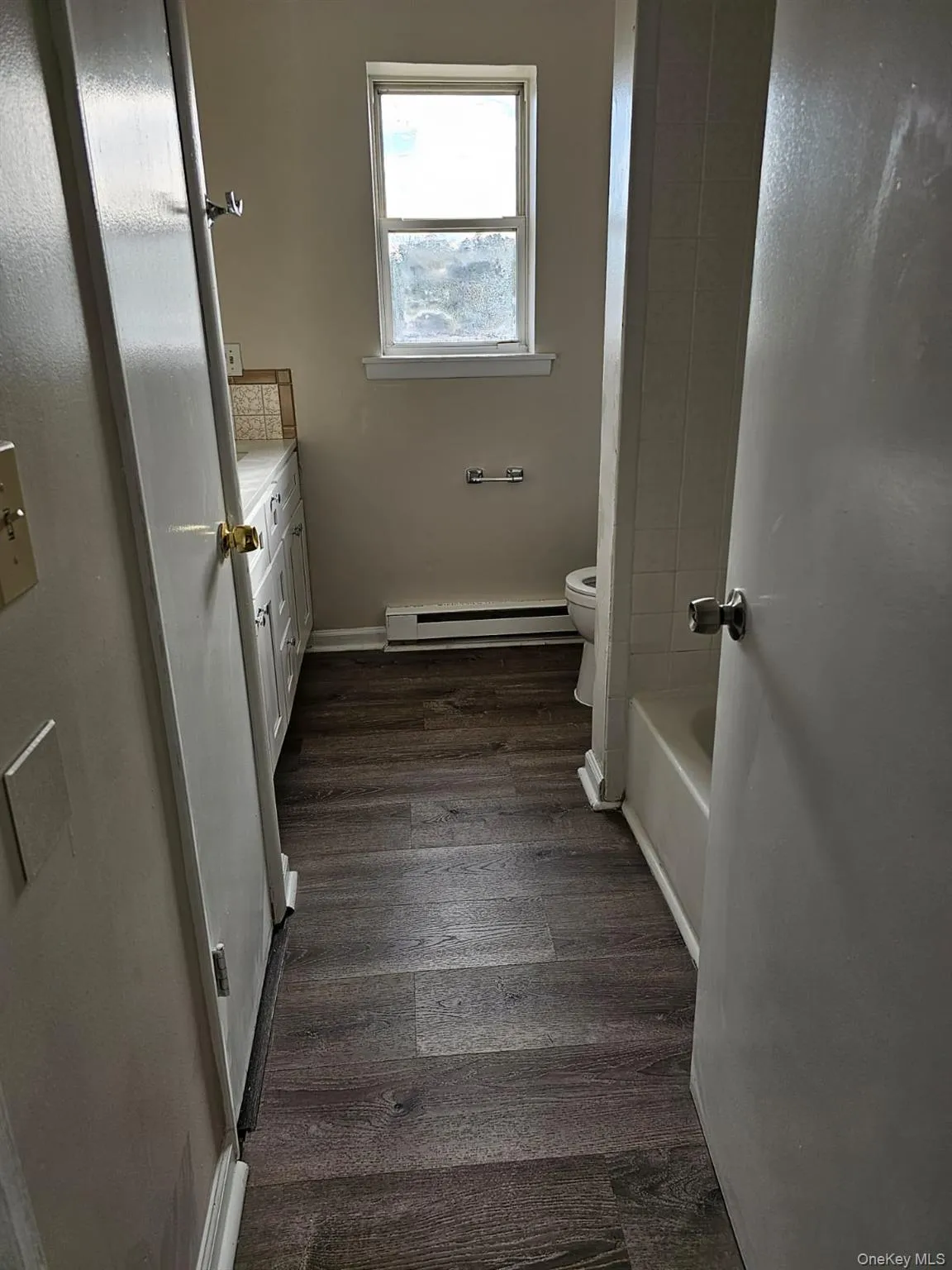Bathroom featuring a baseboard radiator, toilet, wood finished floors, a bathtub, and vanity Bathroom featuring a baseboard radiator, toilet, wood finished floors, a bathtub, and vanity