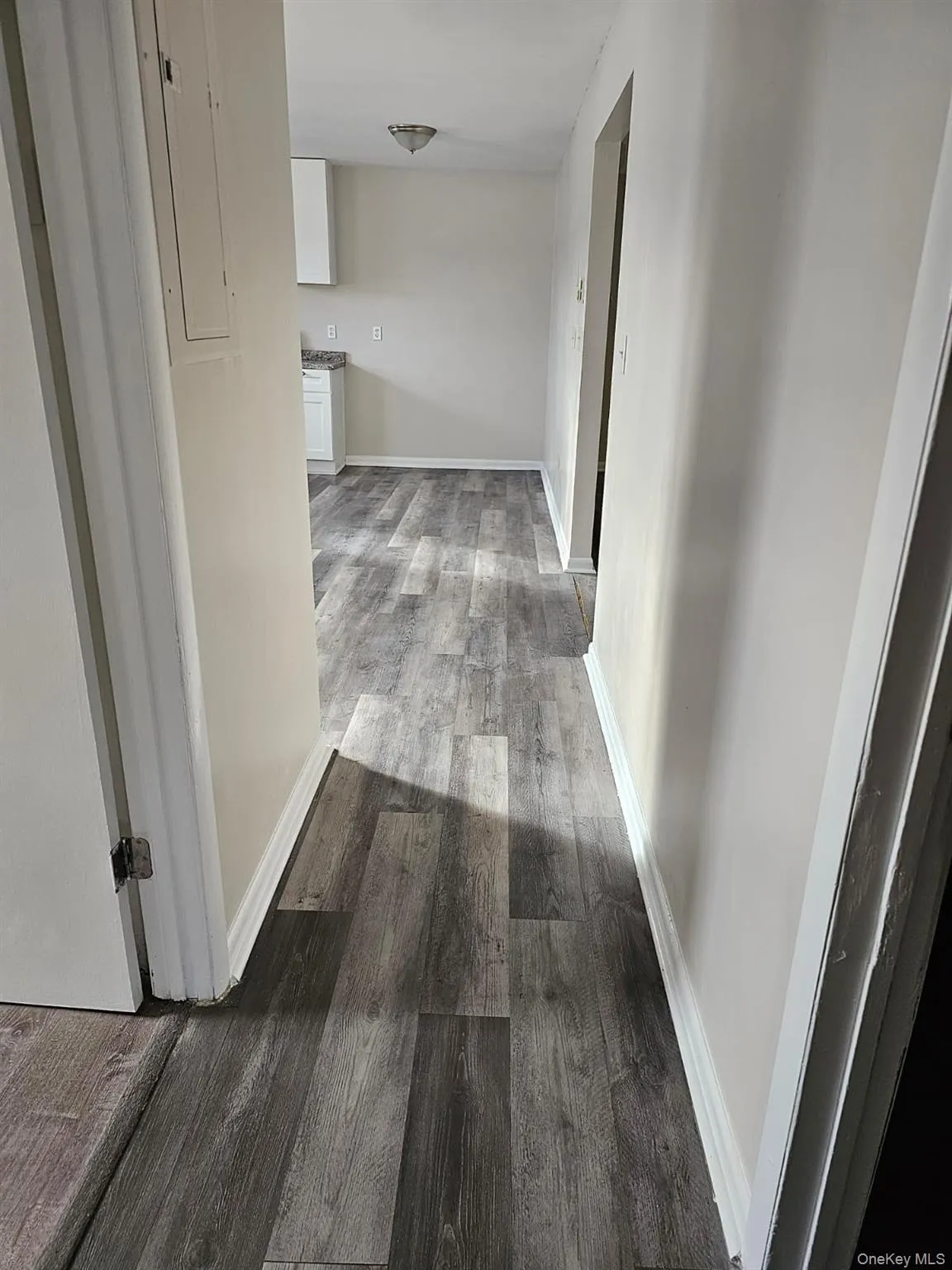 Hall featuring wood finished floors, baseboards, and electric panel Hall featuring wood finished floors, baseboards, and electric panel