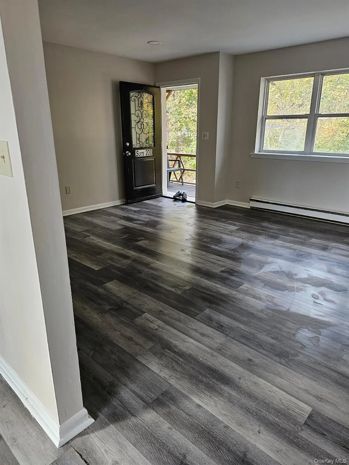 Spare room with baseboards, a baseboard radiator, and dark wood-style floors Spare room with baseboards, a baseboard radiator, and dark wood-style floors