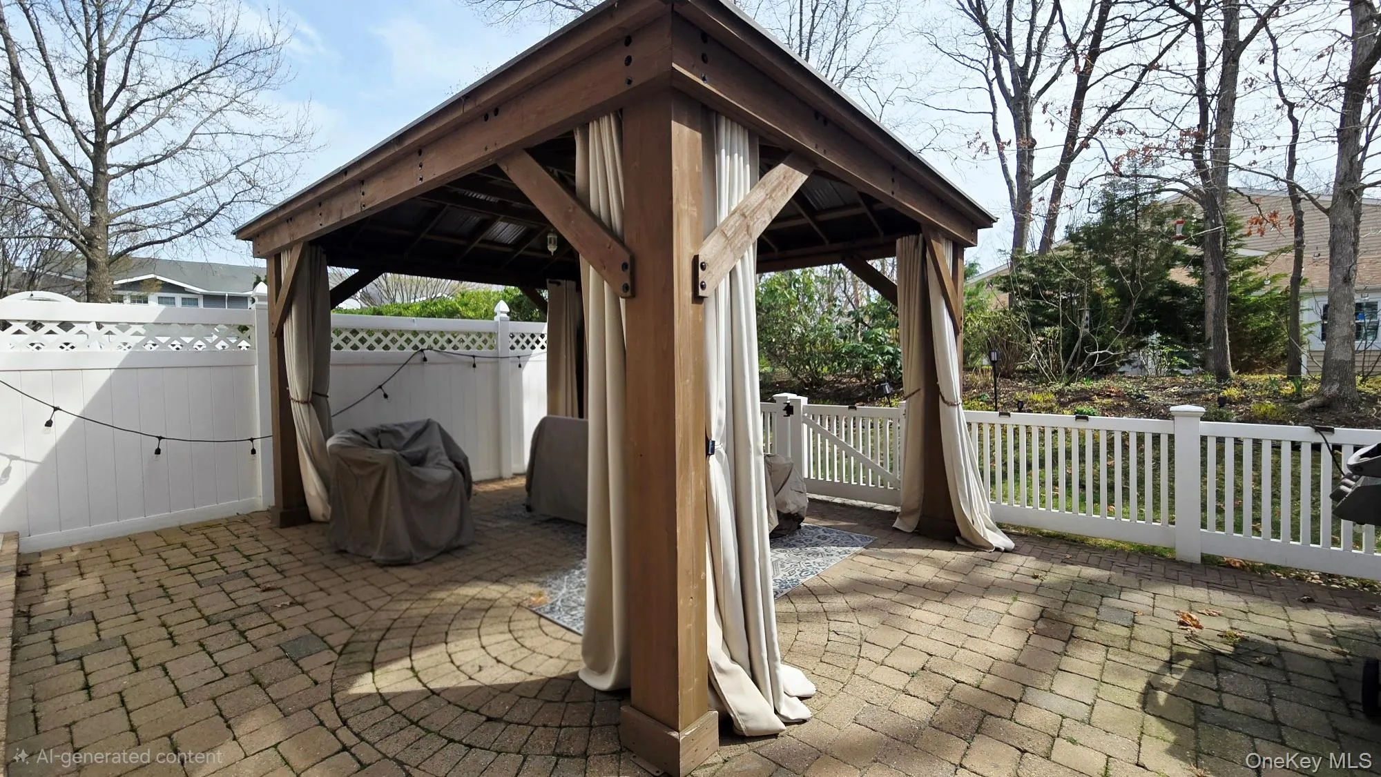 The property features a spacious paved patio with a wooden gazebo, complete with privacy curtains The property features a spacious paved patio with a wooden gazebo, complete with privacy curtains