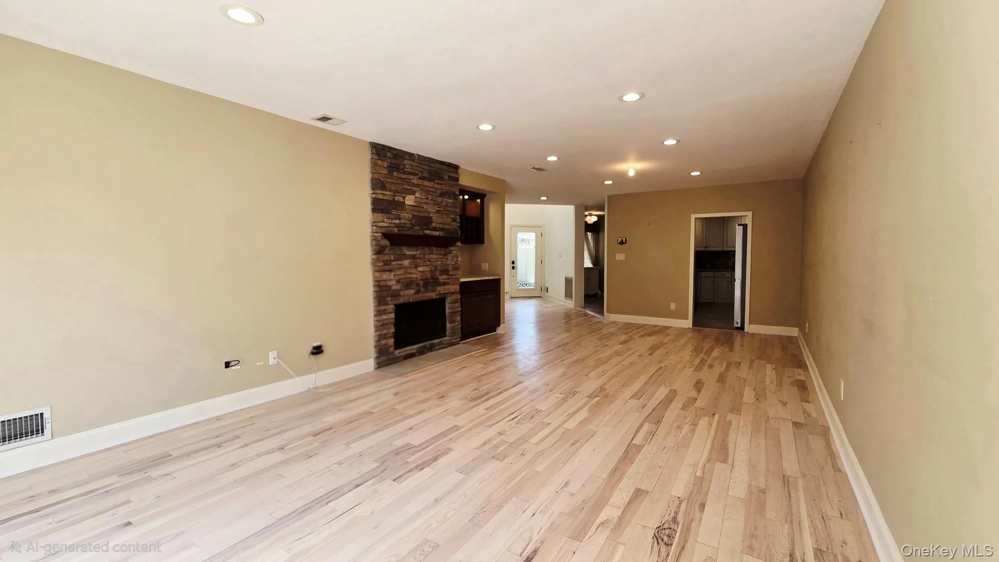 Living area featuring light hardwood flooring, recessed lighting, and a stone-accented fireplace with a wooden mantel Living area featuring light hardwood flooring, recessed lighting, and a stone-accented fireplace with a wooden mantel
