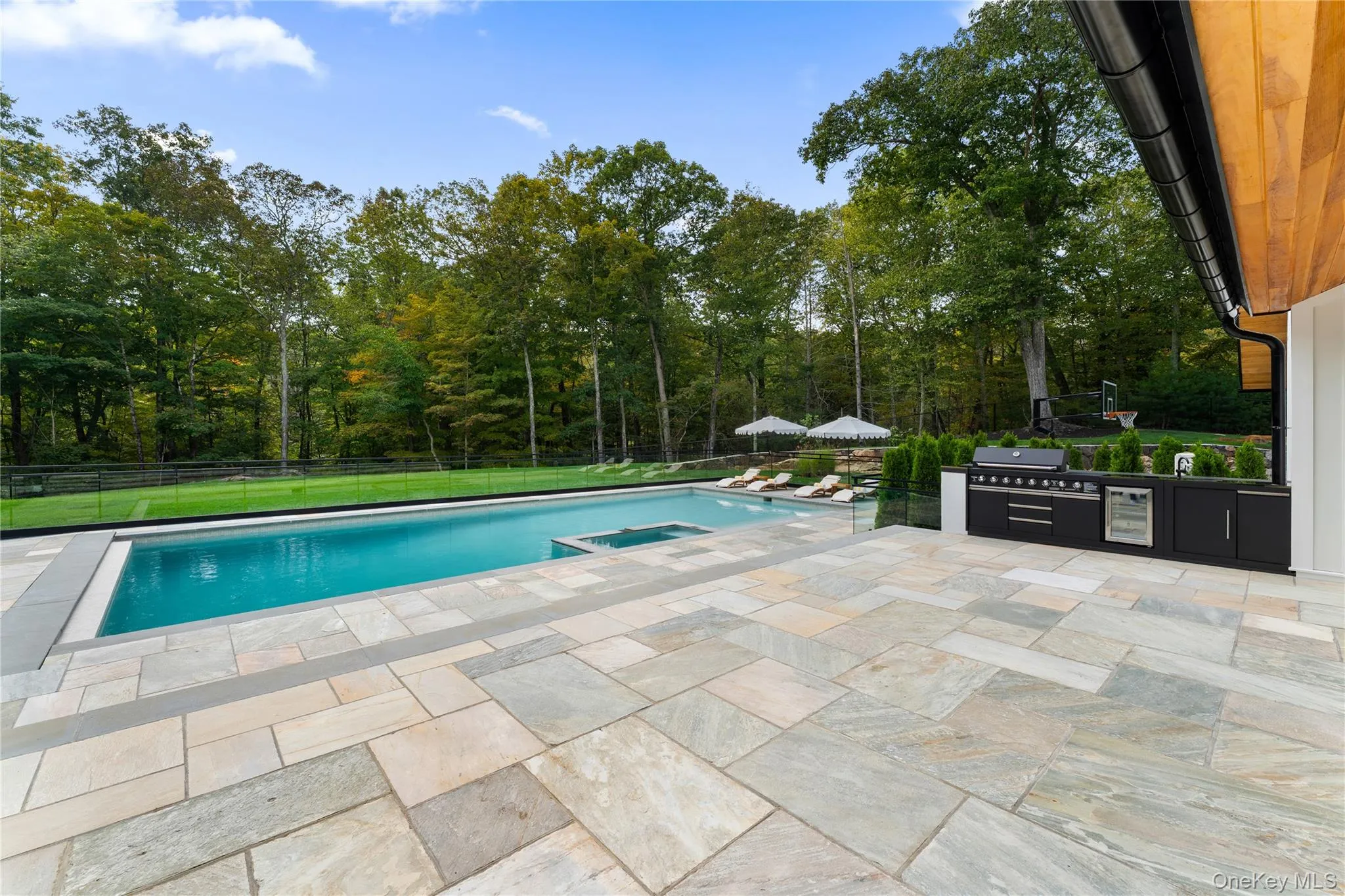 View of pool featuring a patio area with outdoor kitchen, a pool with connected hot tub, and exterior kitchen View of pool featuring a patio area with outdoor kitchen, a pool with connected hot tub, and exterior kitchen