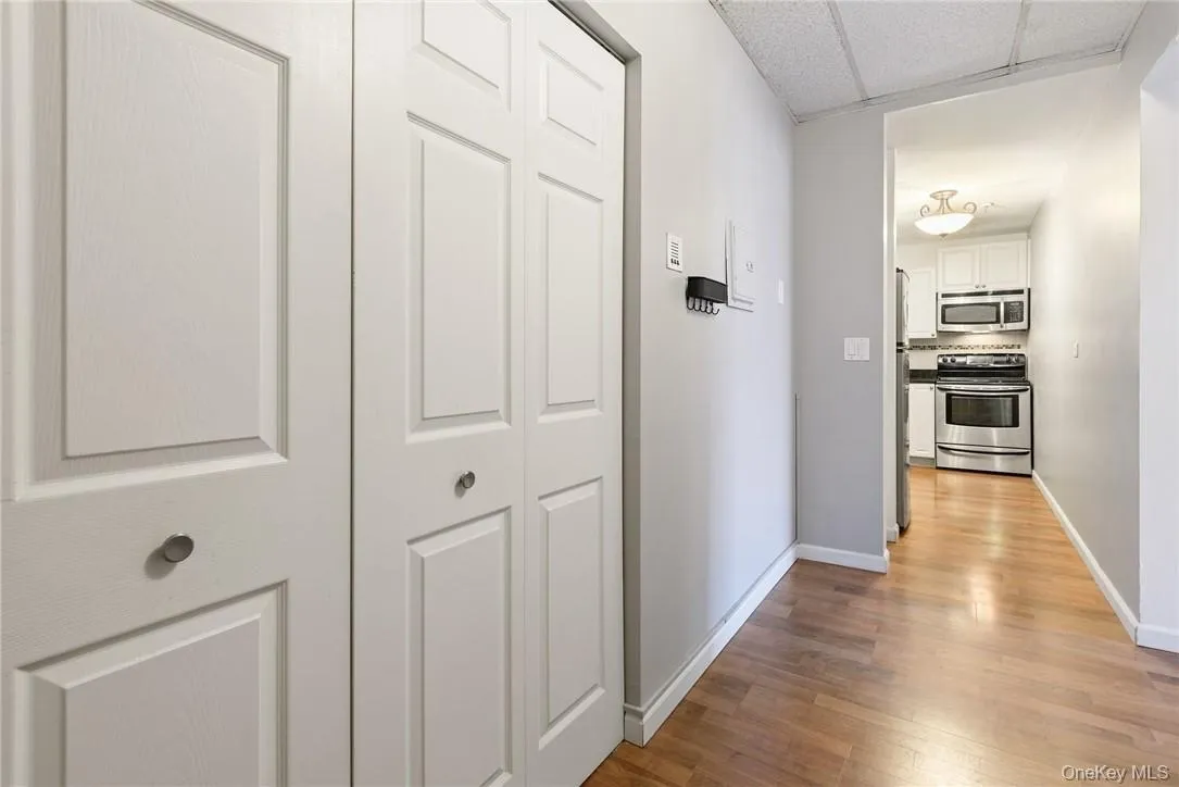 Entry with large closets, leads into kitchen and living room Entry with large closets, leads into kitchen and living room