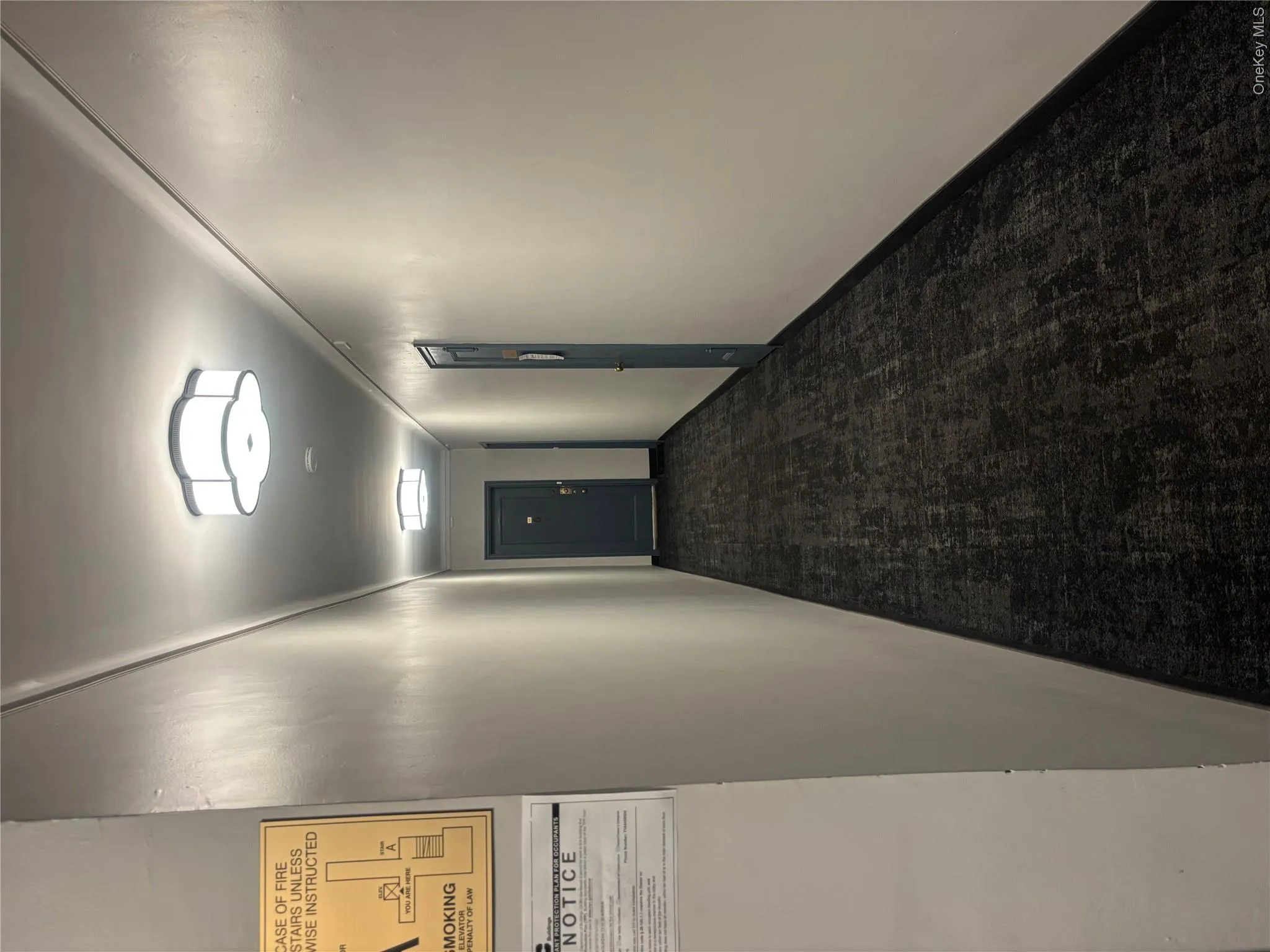 Common area hallway featuring dark patterned carpeting and ceiling-mounted light fixtures Common area hallway featuring dark patterned carpeting and ceiling-mounted light fixtures