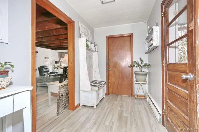 Foyer with a baseboard radiator and light wood-type flooring Foyer with a baseboard radiator and light wood-type flooring