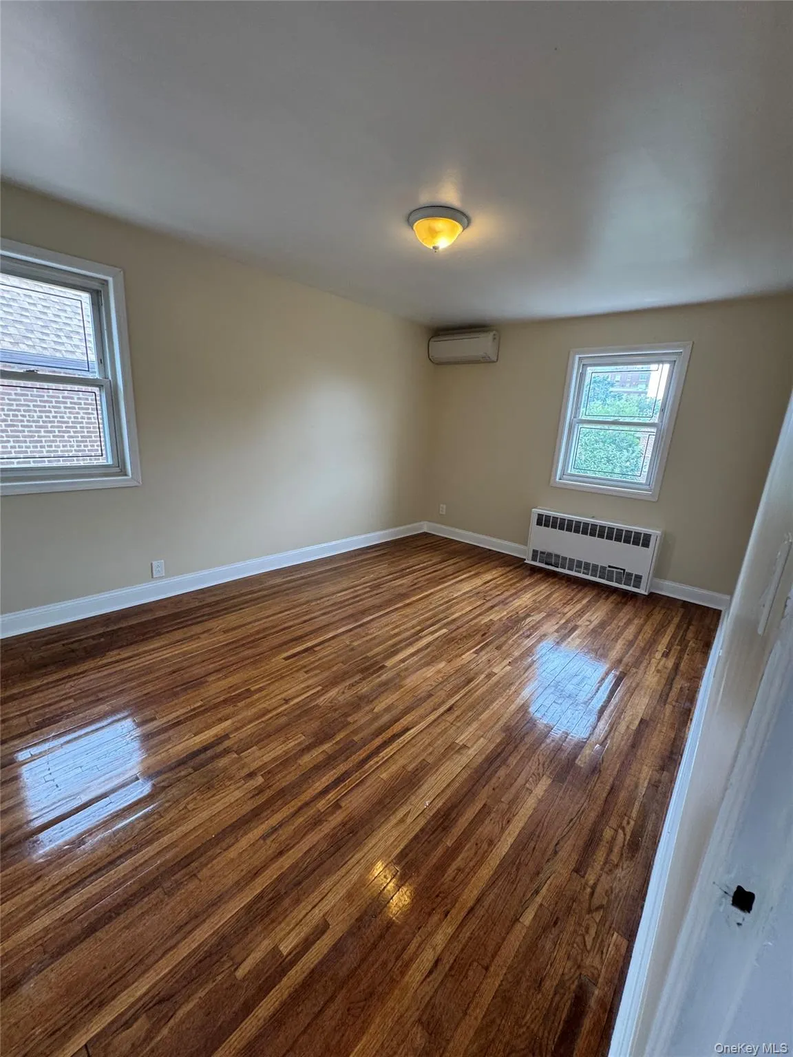 Spare room featuring dark wood-style floors and radiator Spare room featuring dark wood-style floors and radiator