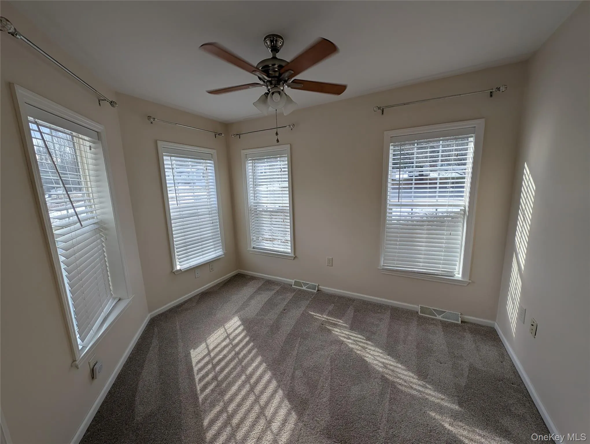 Carpeted spare room with a wealth of natural light and ceiling fan Carpeted spare room with a wealth of natural light and ceiling fan