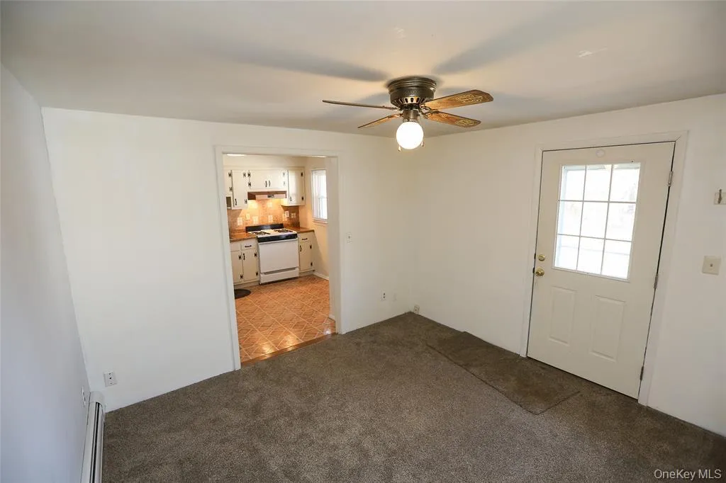 Room featuring a ceiling fan with light fixture, baseboard trim, and a paneled entry door with windowpanes Room featuring a ceiling fan with light fixture, baseboard trim, and a paneled entry door with windowpanes