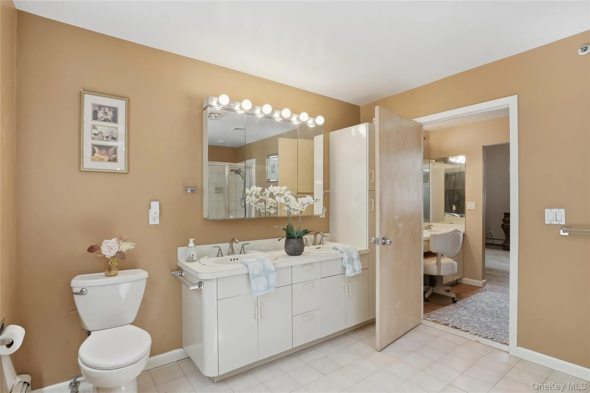 Primary Bathroom featuring a double vanity with built-in storage, mirrored medicine cabinet with integrated lighting, and a separate toilet area Primary Bathroom featuring a double vanity with built-in storage, mirrored medicine cabinet with integrated lighting, and a separate toilet area