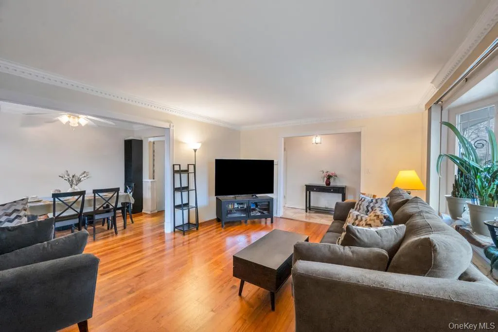 Spacious living area featuring polished wood-finish flooring, white crown molding, and a wide window with decorative glasswork Spacious living area featuring polished wood-finish flooring, white crown molding, and a wide window with decorative glasswork