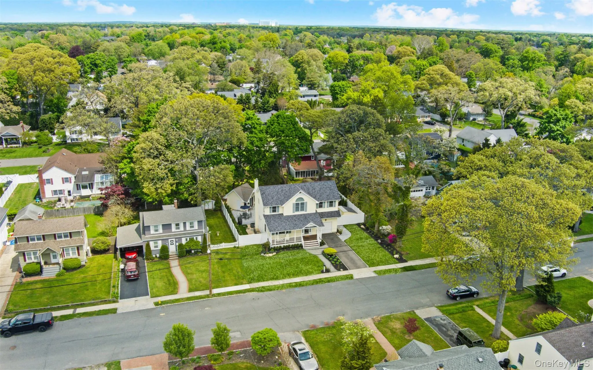 Aerial perspective showcasing a residential street with mature trees and established properties Aerial perspective showcasing a residential street with mature trees and established properties