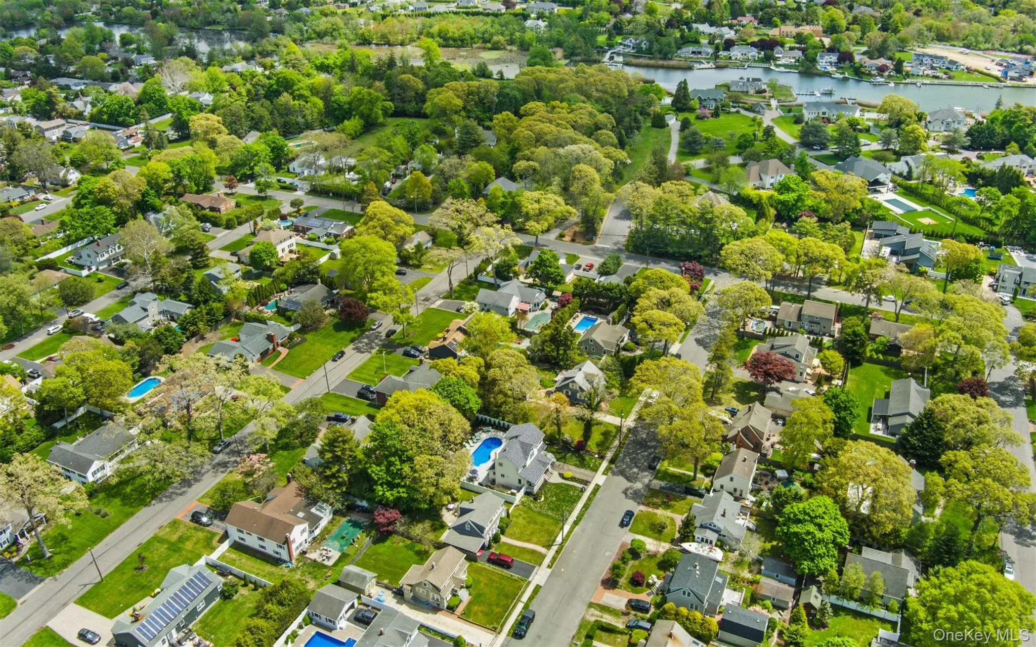 Aerial perspective showcasing a residential neighborhood with lush green trees and varied architectural styles Aerial perspective showcasing a residential neighborhood with lush green trees and varied architectural styles