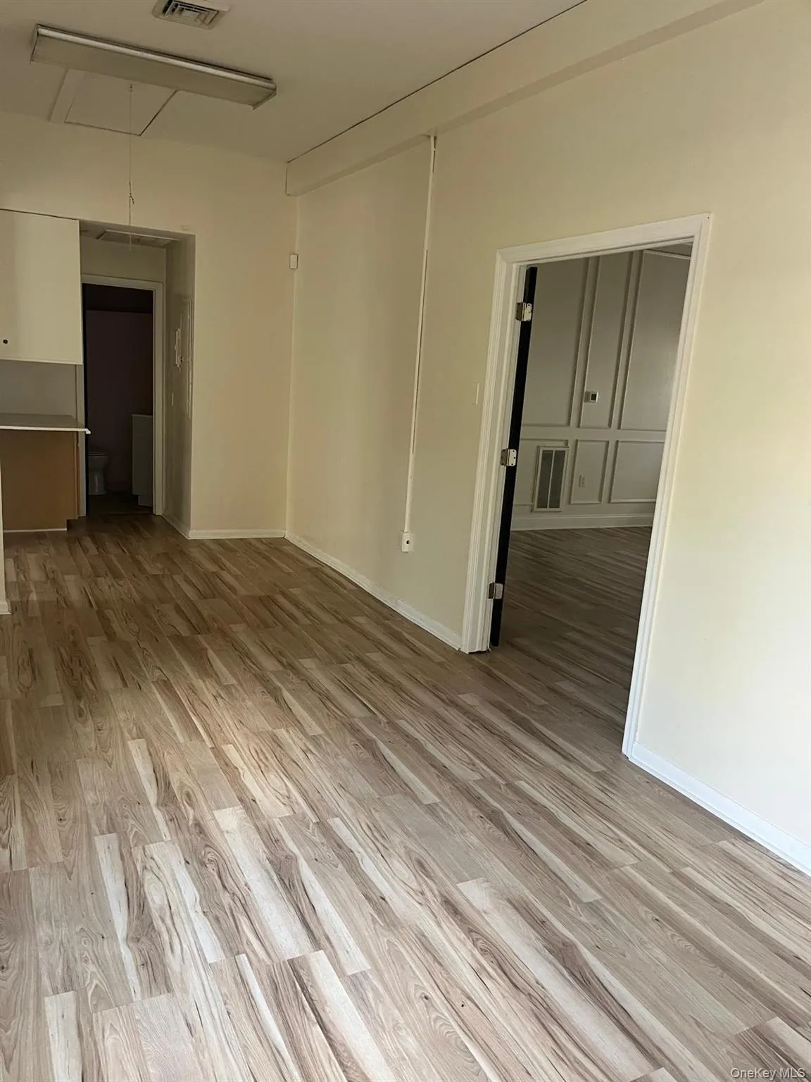 Spacious room featuring wood-finish flooring, light-toned walls, a fluorescent ceiling light, and white trim Spacious room featuring wood-finish flooring, light-toned walls, a fluorescent ceiling light, and white trim