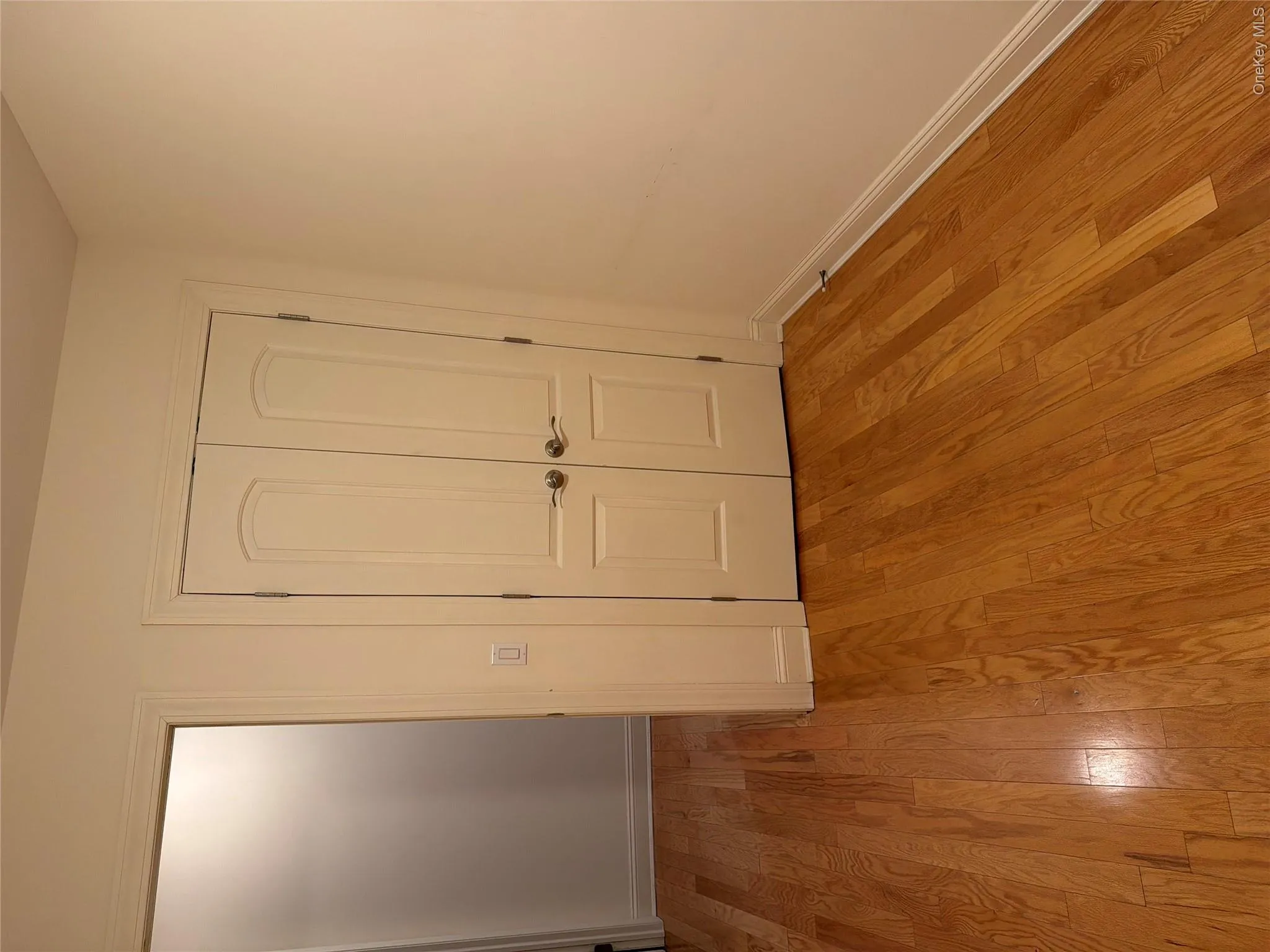 Interior space featuring wood-finish flooring, white walls, and a white double door with arched panels Interior space featuring wood-finish flooring, white walls, and a white double door with arched panels