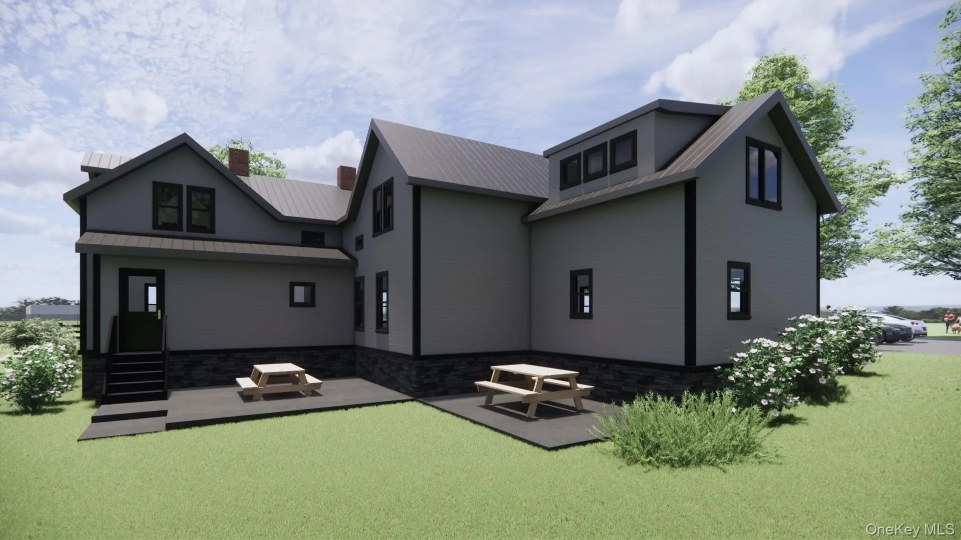 Artist's rendering Rear view of house with a patio area and planned landscaping Artist's rendering Rear view of house with a patio area and planned landscaping