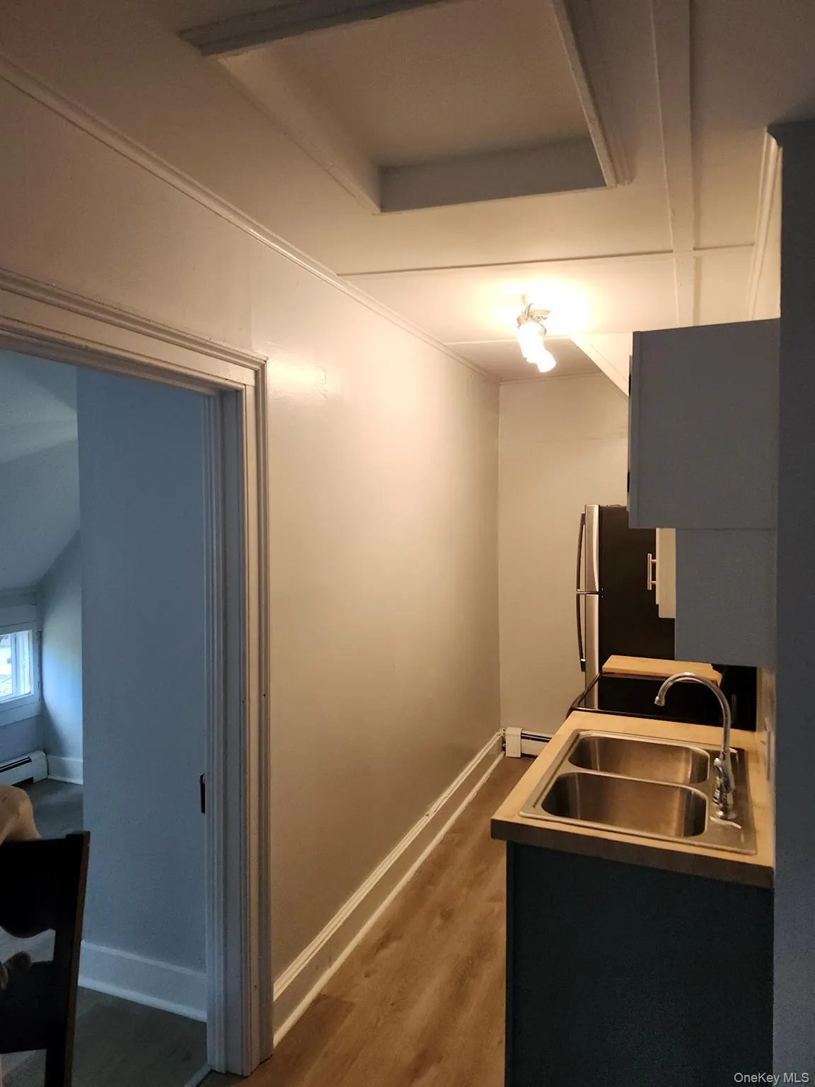 Kitchen with sink, stainless steel fridge, hardwood / wood-style vinyl flooring, a baseboard heating unit, and a tray ceiling Kitchen with sink, stainless steel fridge, hardwood / wood-style vinyl flooring, a baseboard heating unit, and a tray ceiling