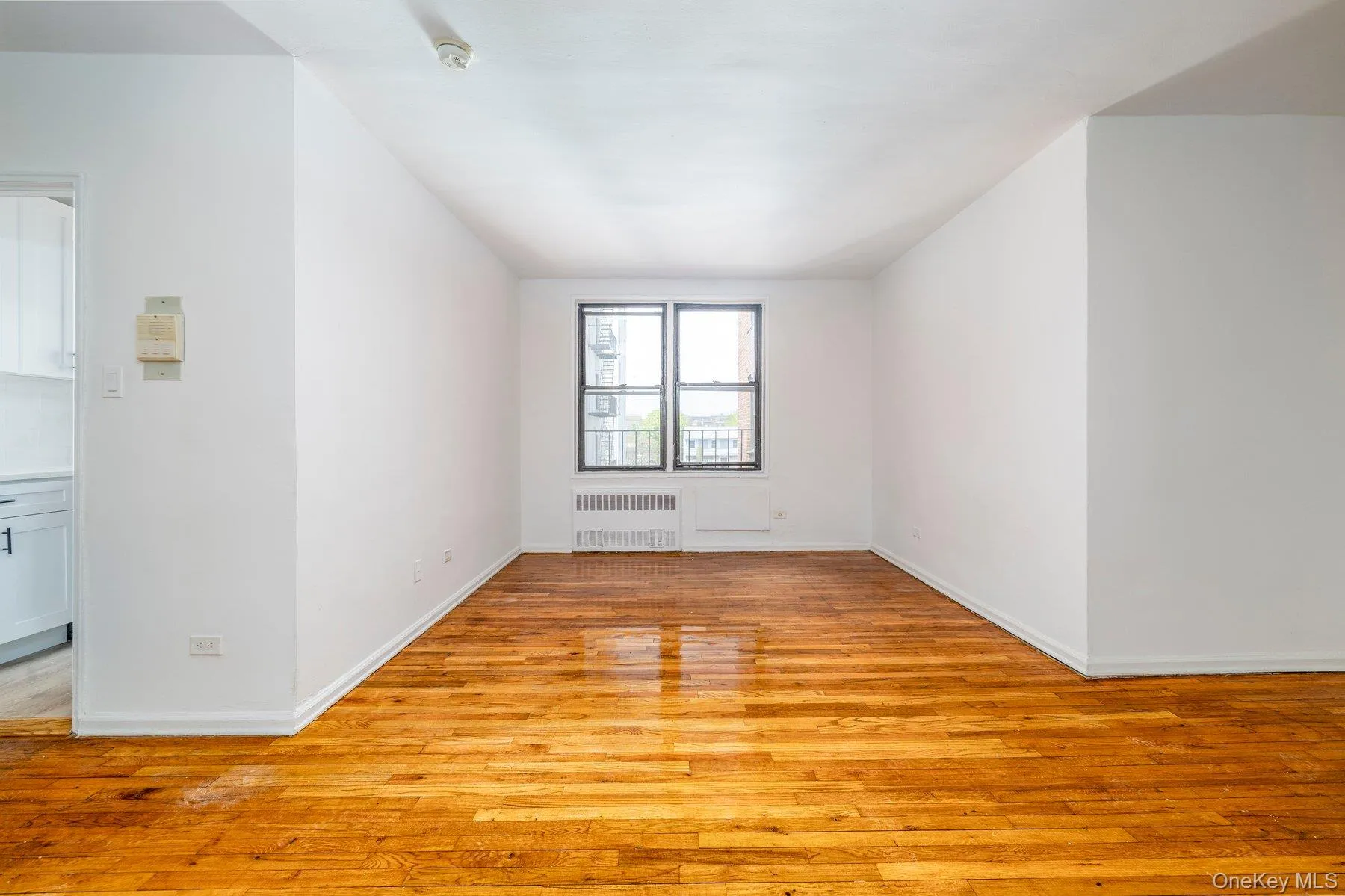 Spacious room featuring wood-finish flooring, white painted walls, a double window with black framing, and a white baseboard radiator Spacious room featuring wood-finish flooring, white painted walls, a double window with black framing, and a white baseboard radiator