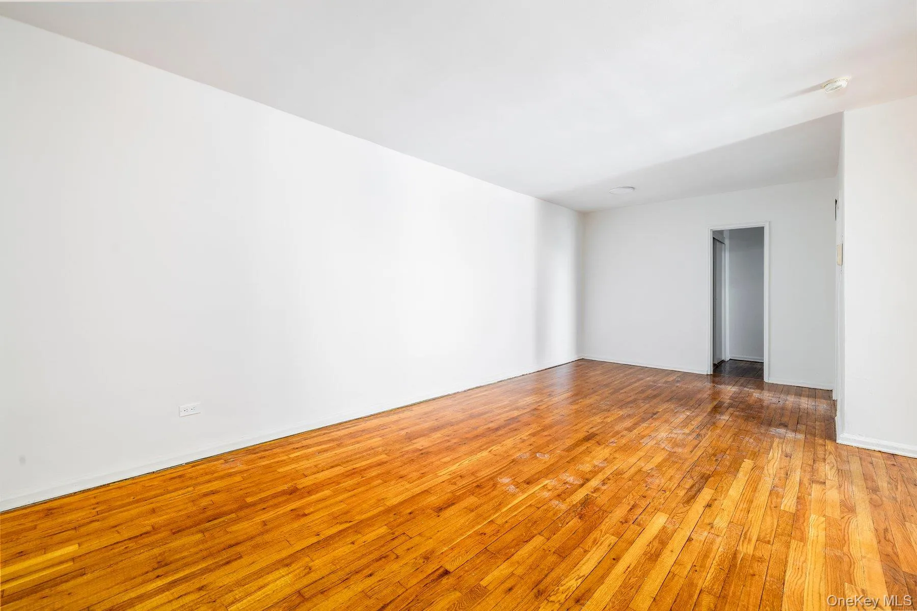 Spacious room featuring wood-finish flooring, white walls, and a ceiling-mounted light fixture Spacious room featuring wood-finish flooring, white walls, and a ceiling-mounted light fixture