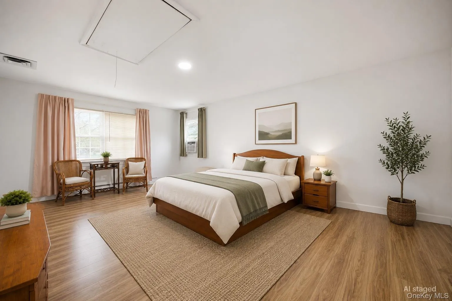 Bright room featuring wood-finish flooring, recessed lighting, and a large window Bright room featuring wood-finish flooring, recessed lighting, and a large window