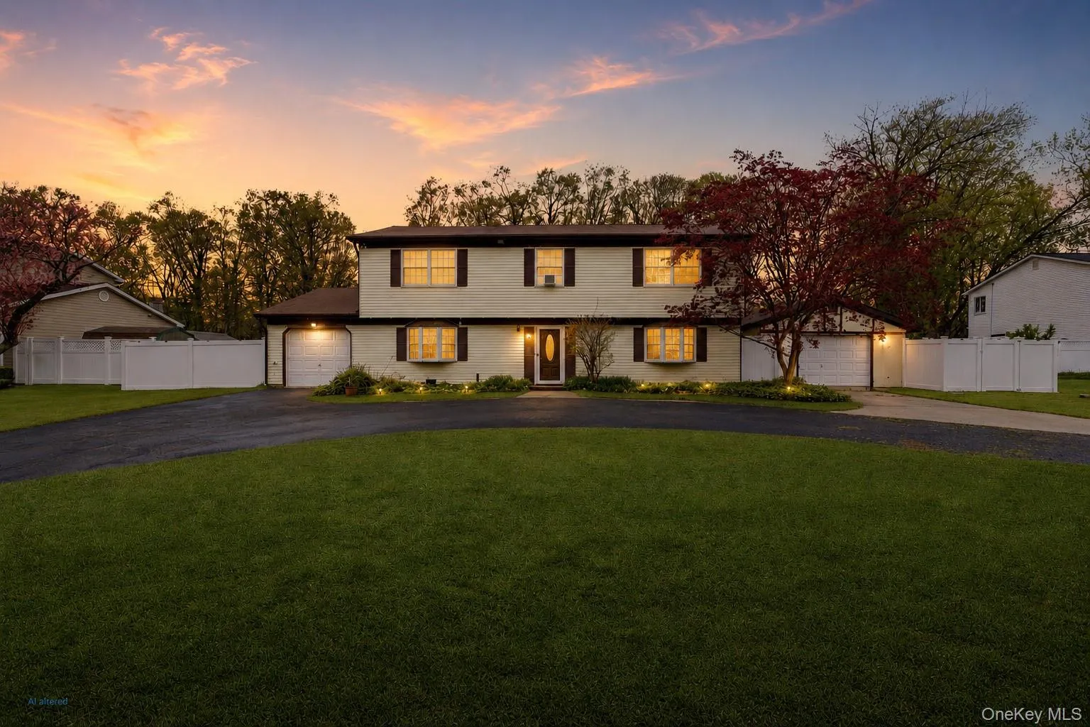 Two-story residence featuring a paved circular drive, a manicured front lawn, multiple attached garages, and exterior lighting Two-story residence featuring a paved circular drive, a manicured front lawn, multiple attached garages, and exterior lighting