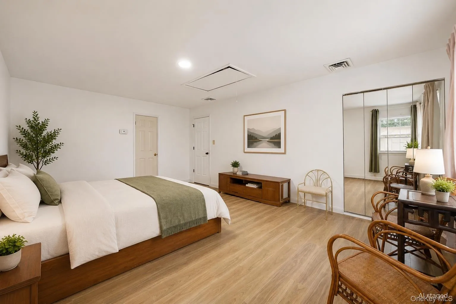 Spacious room featuring wood-finish flooring, white walls, and a mirrored closet Spacious room featuring wood-finish flooring, white walls, and a mirrored closet