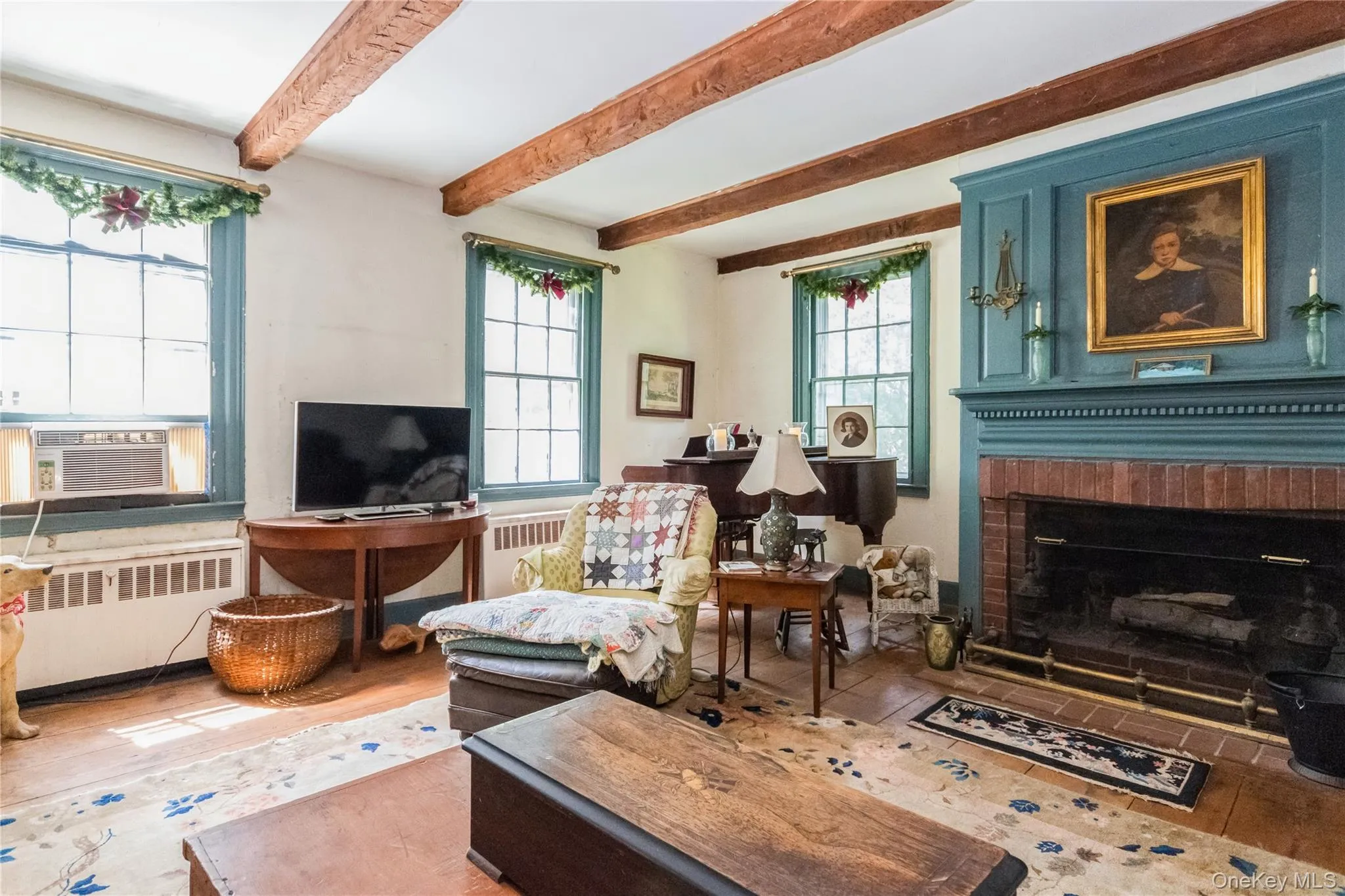 Living Room, with fireplace, wideboard flrs. beamed ceiling Living Room, with fireplace, wideboard flrs. beamed ceiling