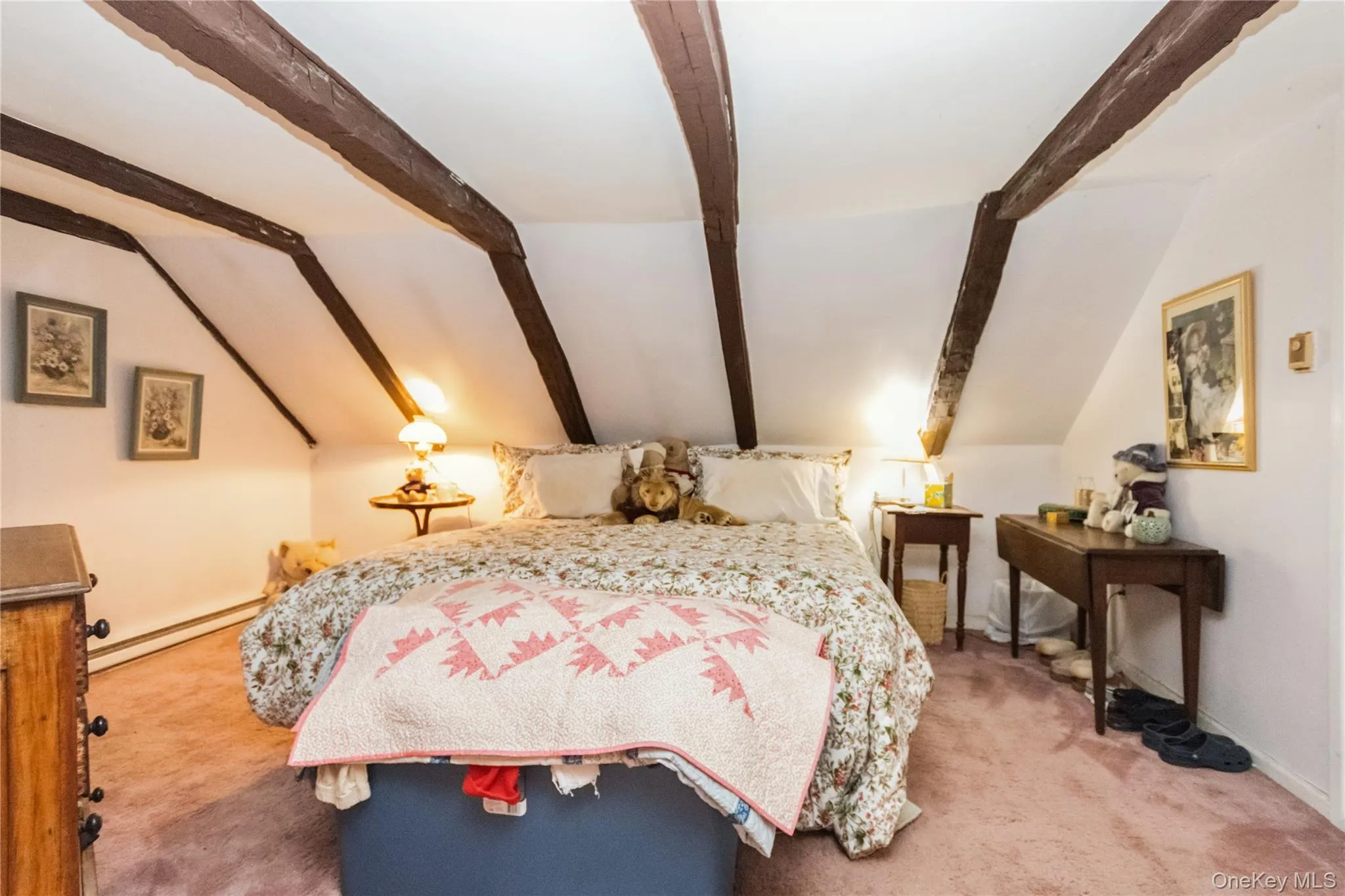 Wide Board Flrs under Carpet. Bedroom with baseboard heating, Beamed ceiling Wide Board Flrs under Carpet. Bedroom with baseboard heating, Beamed ceiling