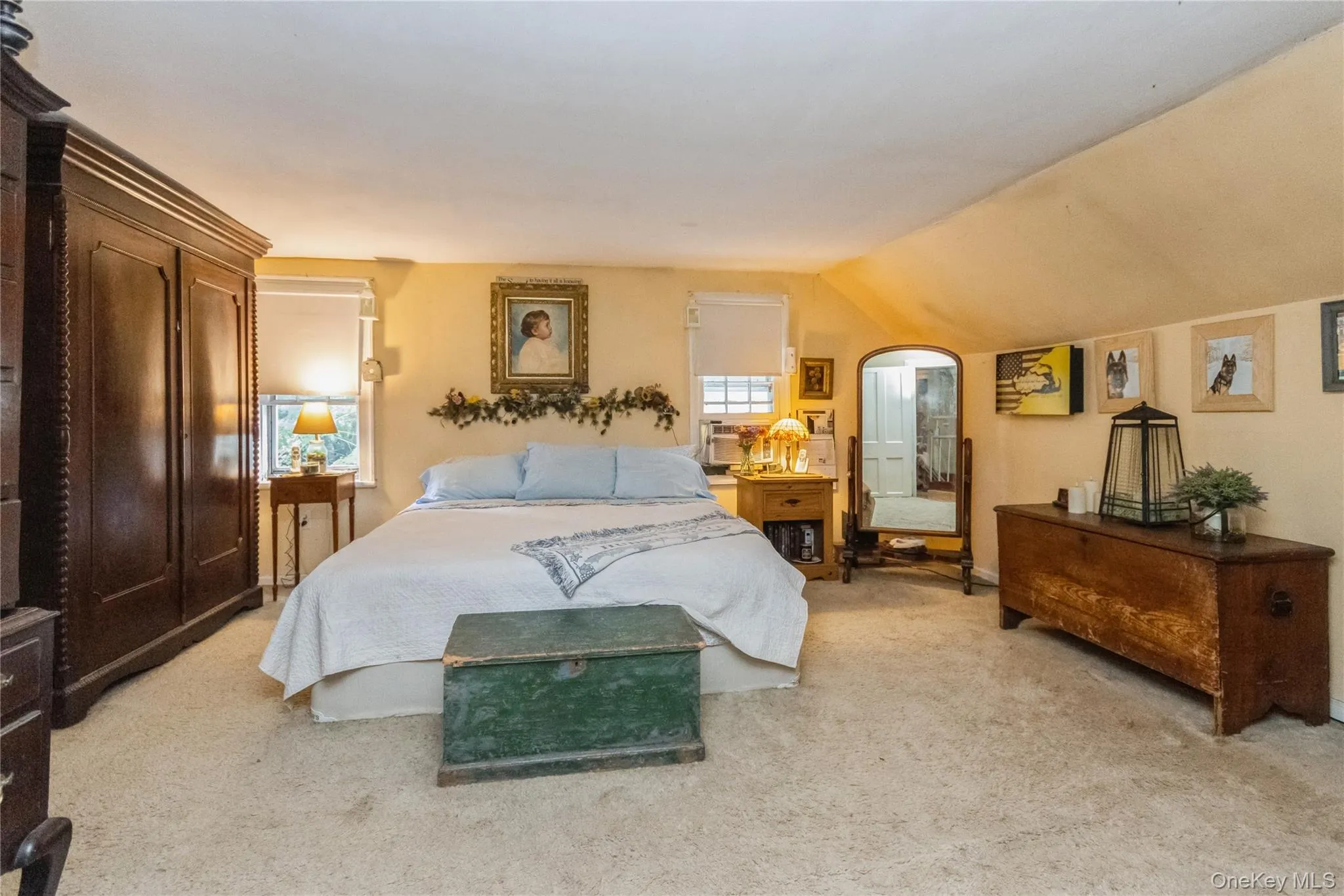 Original Primary Bedroom with Carpeting over Wide Board Flrs, WIC Original Primary Bedroom with Carpeting over Wide Board Flrs, WIC