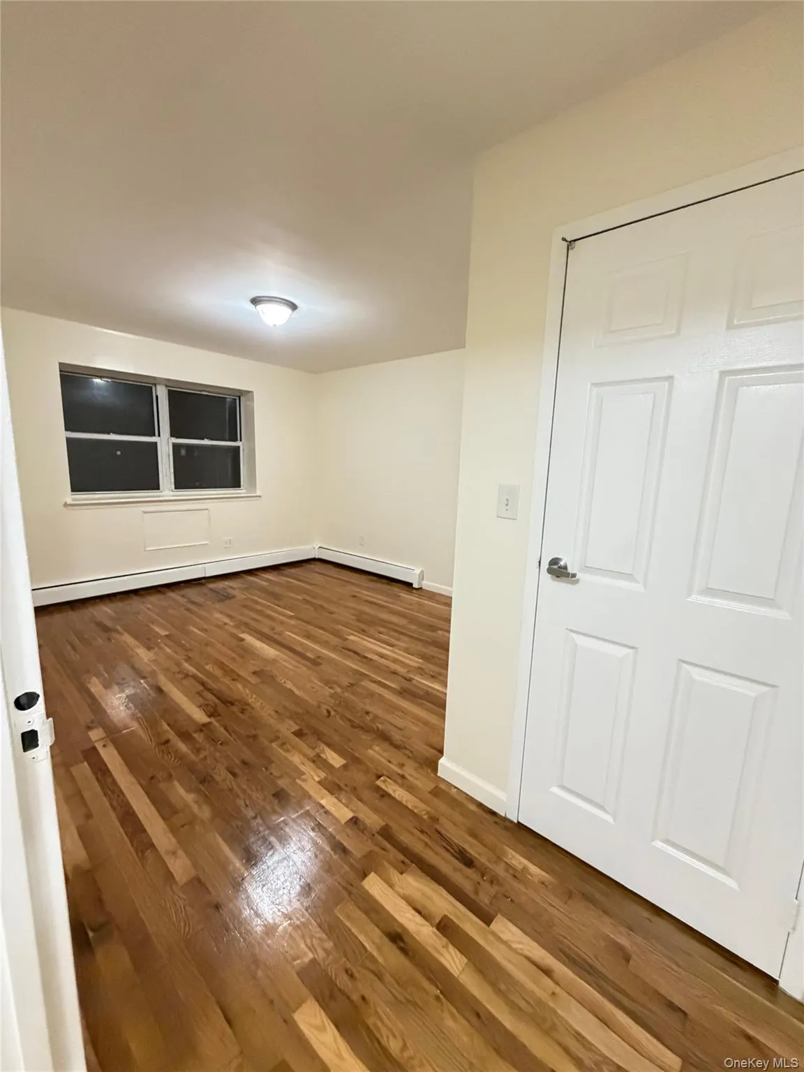 Room featuring wood-finish flooring, neutral wall tones, baseboard trim, and a surface-mounted ceiling light fixture Room featuring wood-finish flooring, neutral wall tones, baseboard trim, and a surface-mounted ceiling light fixture