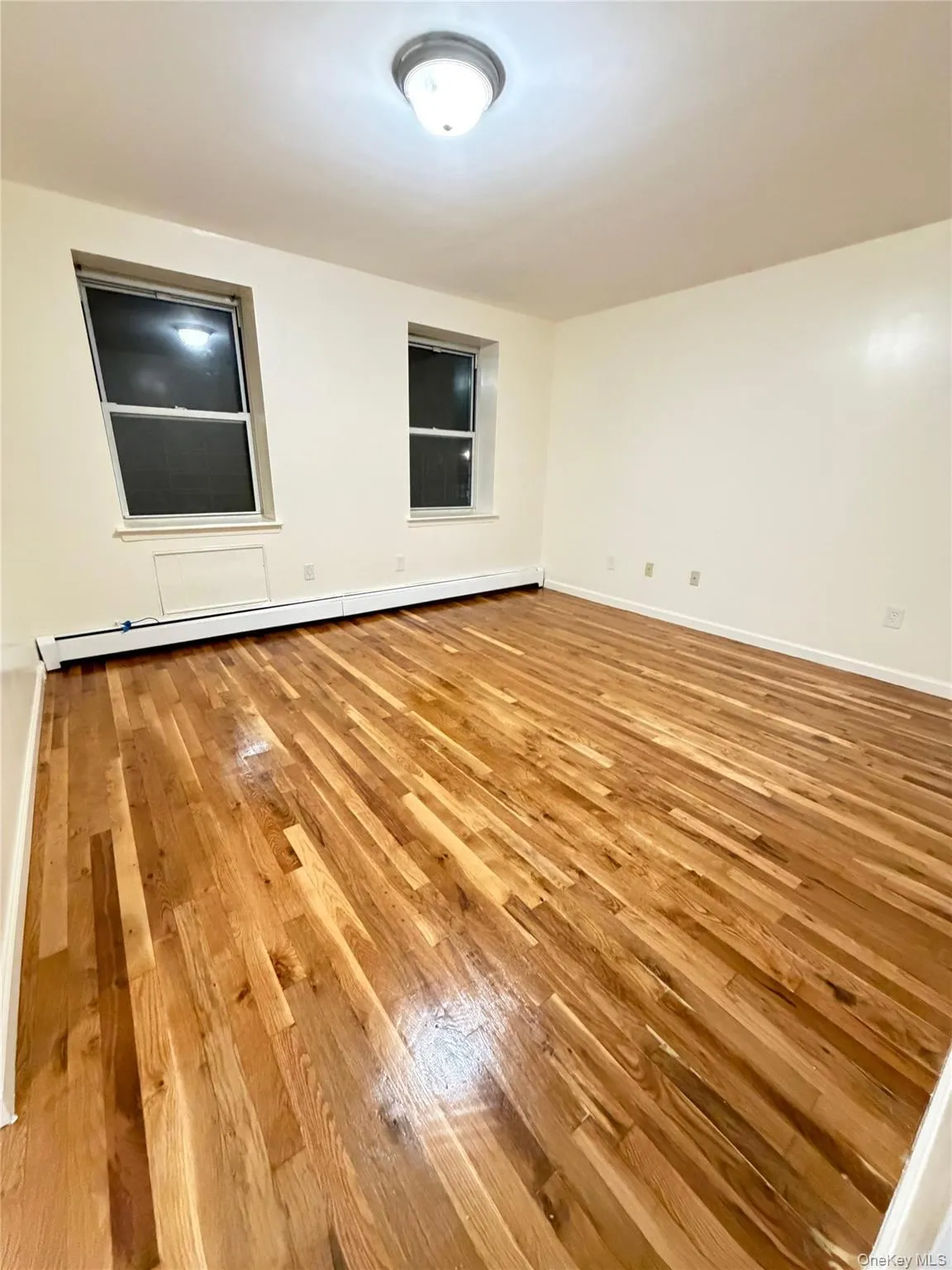 Room featuring wood-finish flooring, two windows, baseboard heating, a ceiling-mounted light fixture, and light-toned walls Room featuring wood-finish flooring, two windows, baseboard heating, a ceiling-mounted light fixture, and light-toned walls