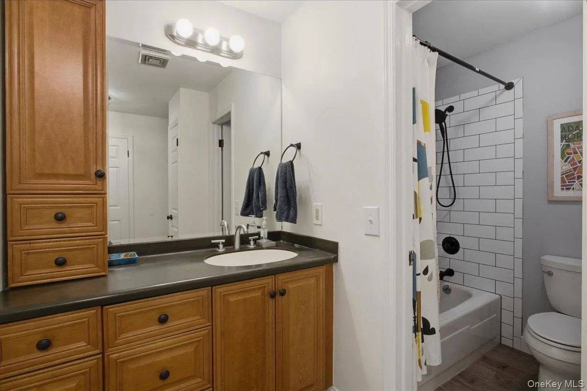 View of the primary en-suite vanity area and full bathroom. View of the primary en-suite vanity area and full bathroom.