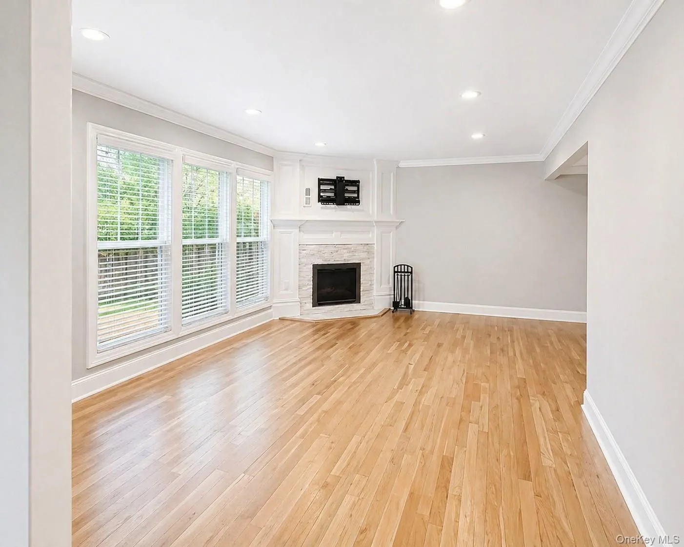 Spacious Living Room area featuring polished wood flooring, recessed lighting and a Fireplace Spacious Living Room area featuring polished wood flooring, recessed lighting and a Fireplace