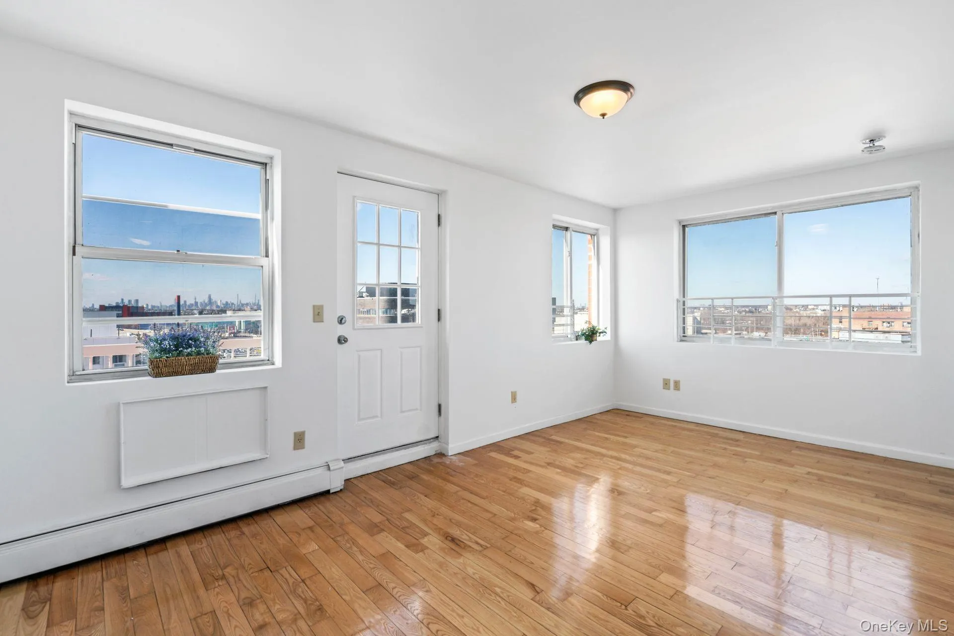 Foyer featuring a baseboard radiator, light hardwood / wood-style floors, and a healthy amount of sunlight Foyer featuring a baseboard radiator, light hardwood / wood-style floors, and a healthy amount of sunlight