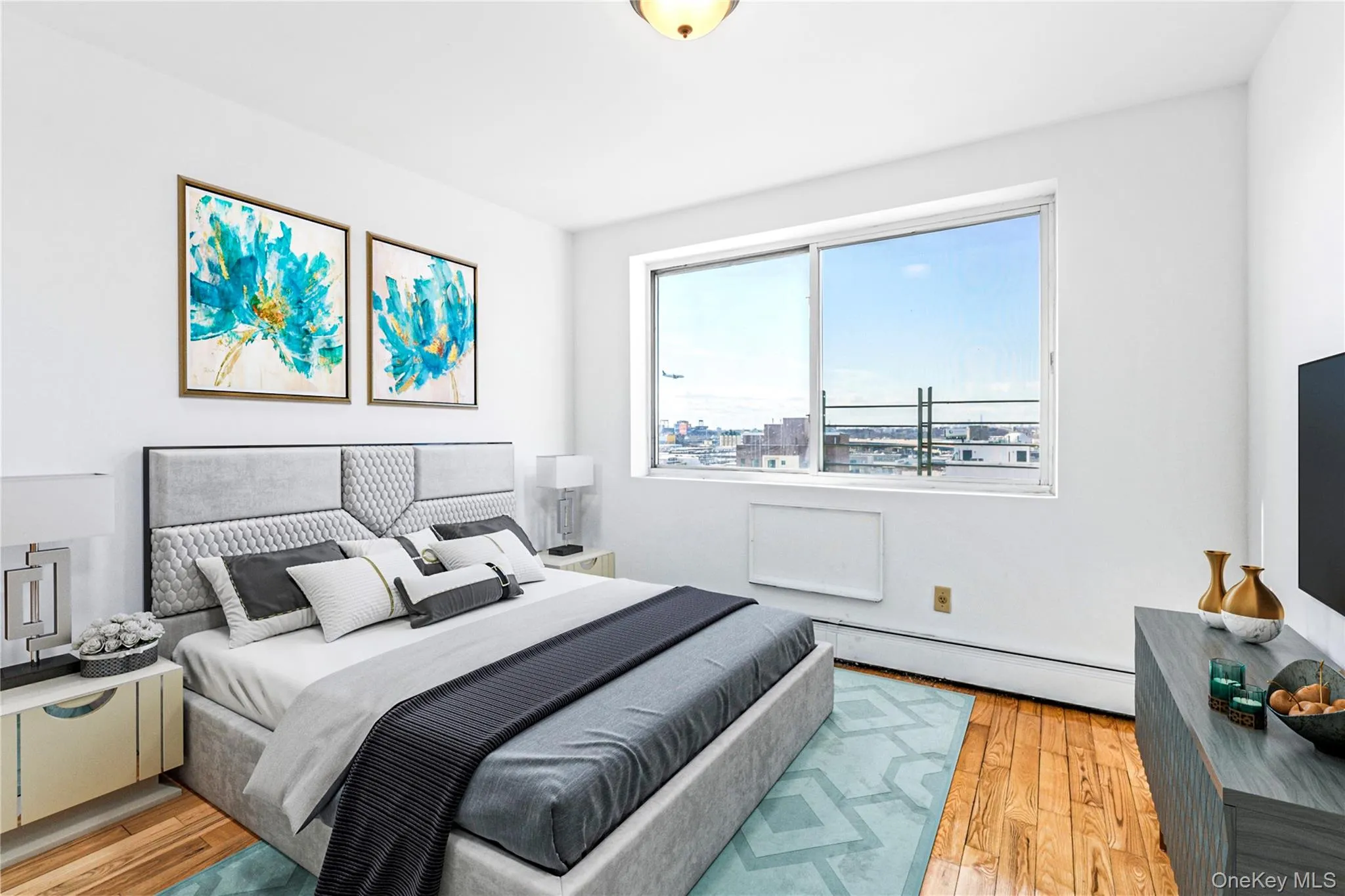 Virtual Staged Bedroom with baseboard heating and light wood-type flooring Virtual Staged Bedroom with baseboard heating and light wood-type flooring