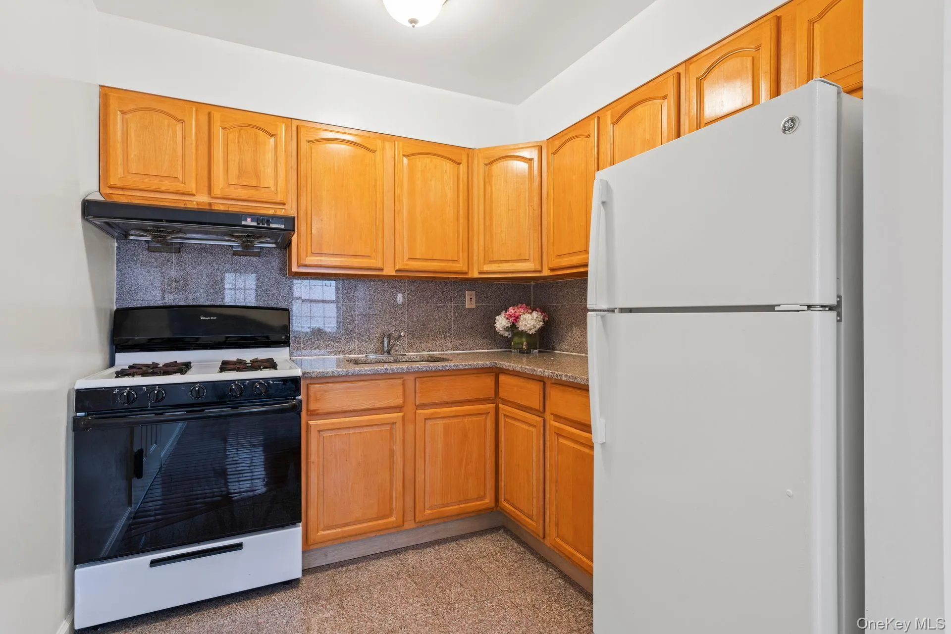 Kitchen featuring sink, white refrigerator, extractor fan, decorative backsplash, and range with gas cooktop Kitchen featuring sink, white refrigerator, extractor fan, decorative backsplash, and range with gas cooktop