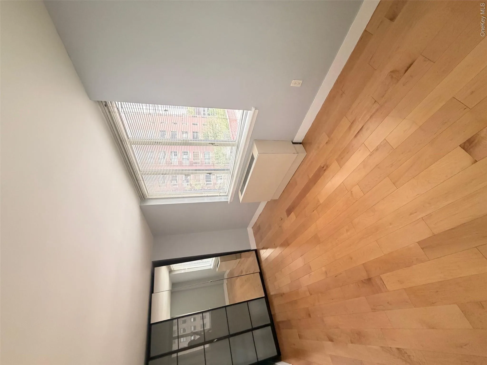 Room featuring wood-finish flooring, a full-wall mirrored wardrobe with sliding panel doors, a large multi-pane window with blinds, and light-toned wall paint Room featuring wood-finish flooring, a full-wall mirrored wardrobe with sliding panel doors, a large multi-pane window with blinds, and light-toned wall paint