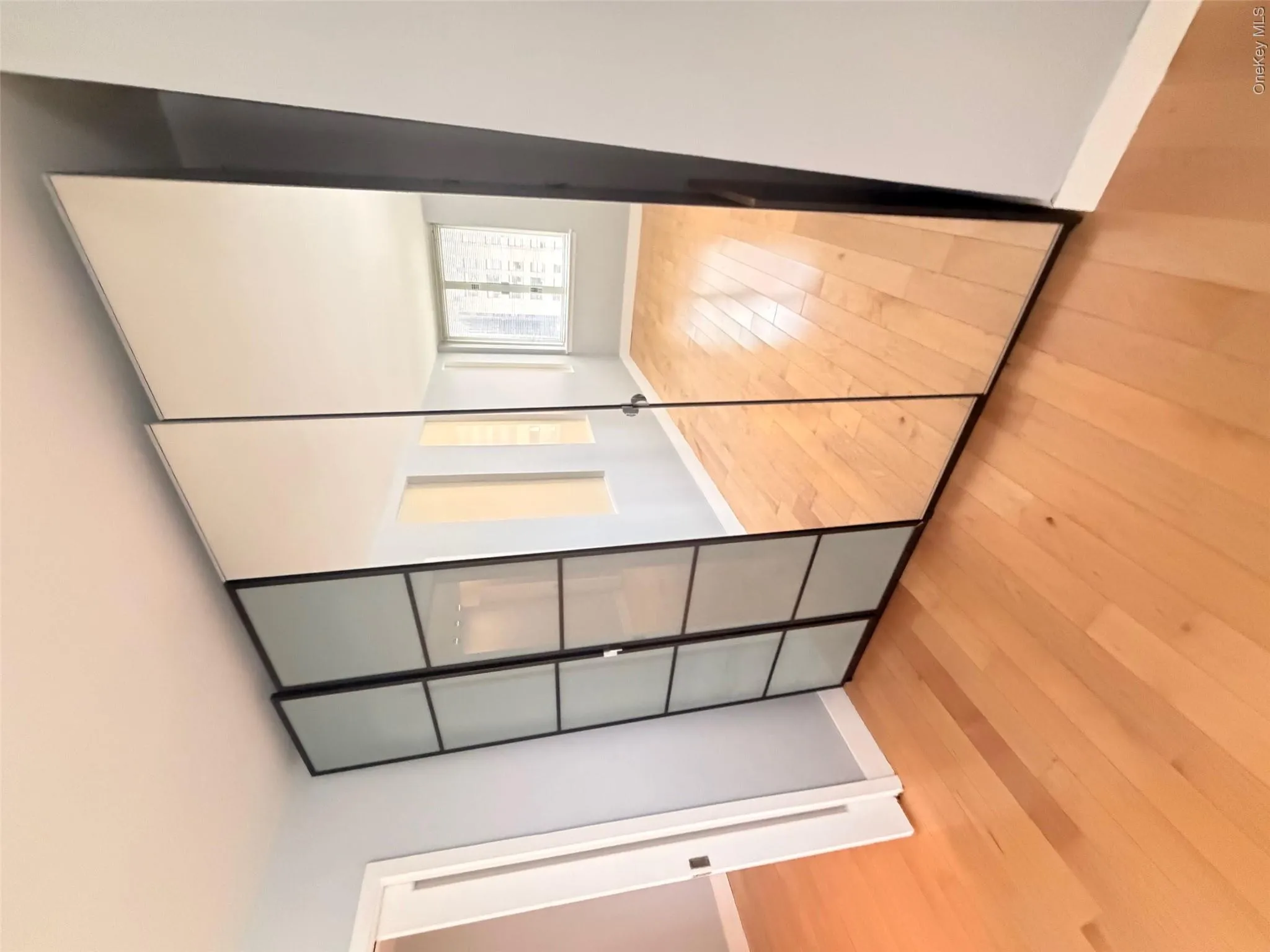 Full-height mirrored closet doors featuring a black frame and adjacent frosted glass panels Full-height mirrored closet doors featuring a black frame and adjacent frosted glass panels