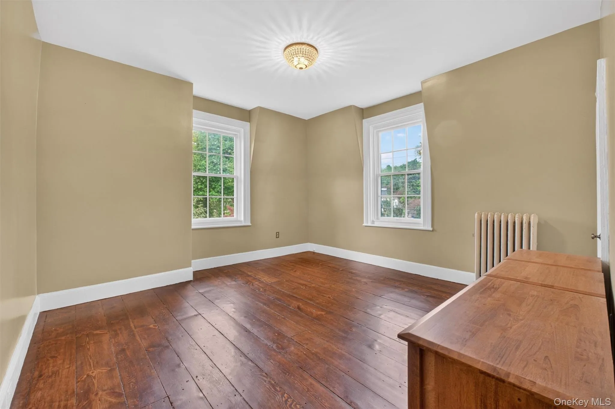 Room featuring wide plank hardwood flooring, two large double-hung windows, and a ceiling-mounted light fixture. Room featuring wide plank hardwood flooring, two large double-hung windows, and a ceiling-mounted light fixture.